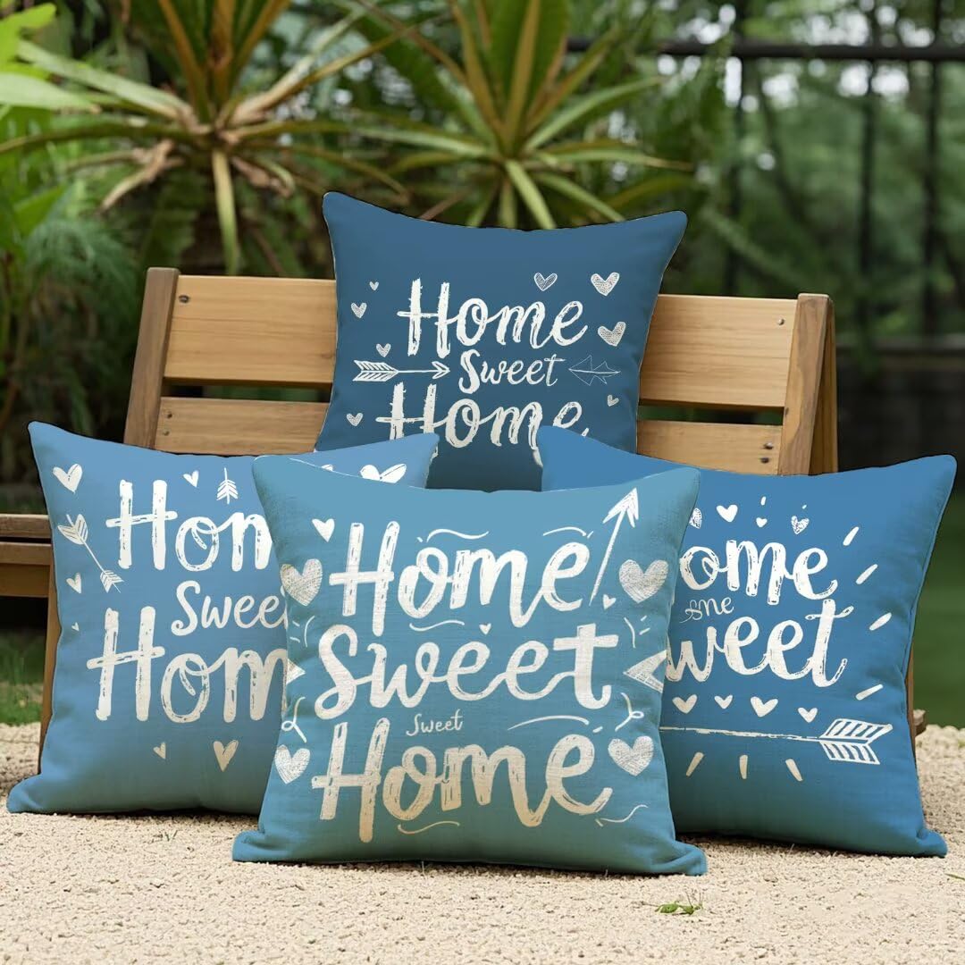 Fundas de Cojines Exterior Impermeable de Lino Fundas de Almohada Sofa Azul, Juego de 4 Cuadrados Funda Cojin Hogar Decorativas para Jardín, Patio, Oficina, Terraza y Sala de Estar, 45x45 cm Ym322