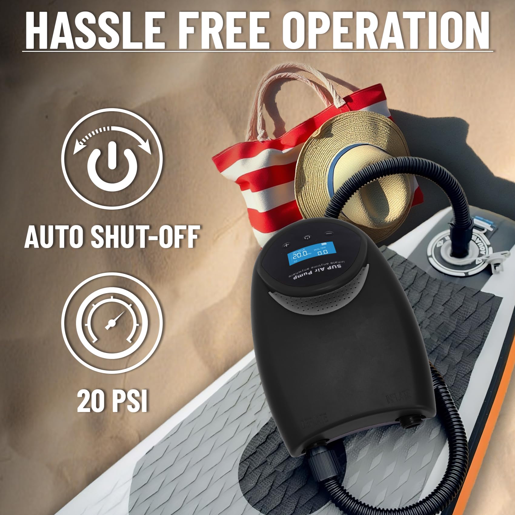 TONSIM Pompa Elettrica SUP Ricaricabile 20 PSI - Gonfiaggio e Sgonfiaggio Veloce, Batteria Integrata, Adattatore 12V per Auto, Ideale per SUP, Kayak e Gommoni