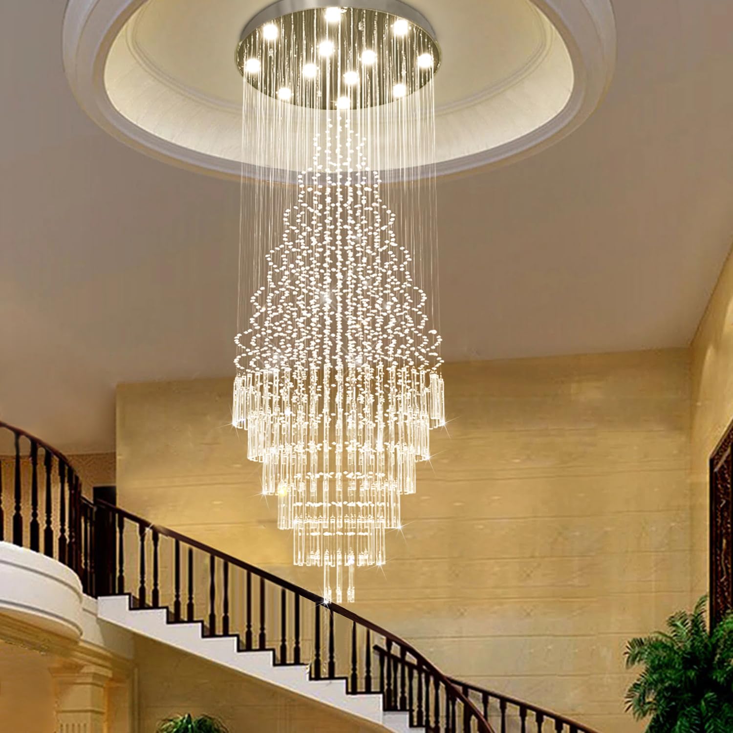 Luxury Large Foyer Chandelier, Modern 12-Lights Round Raindrop Crystal Chandeliers High Ceiling Flush Mount Light Fixtures for Hallway, Entryway, Stairs,Front Entrance D31.5 X H86.7 of CRYSTOP