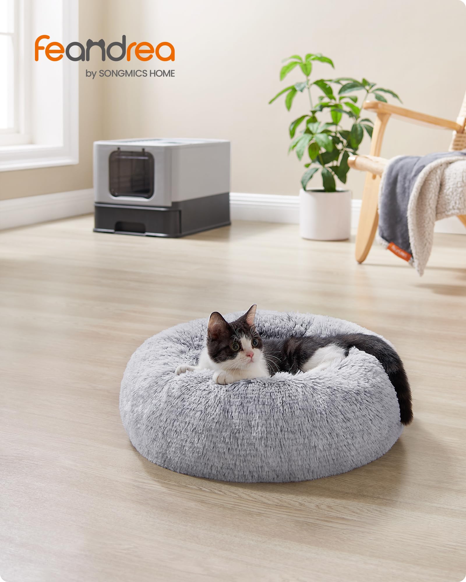 Feandrea Cuccia Cane Interno, Cuccia per Cani, Lettino per Animali Domestici a Ciambella, Cuscino Sfoderabile e Lavabile, Tappeto di Peluche, Diametro 40 cm, Grigio Ombré PGW036G01