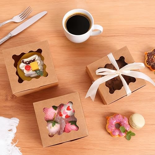 Miniatura 40 de Moretoes 120 cajas blancas para panadería, cajas de galletas de 4 x 4 x 2.5 pulgadas con ventana para pasteles pequeños, golosinas, donas, dulces