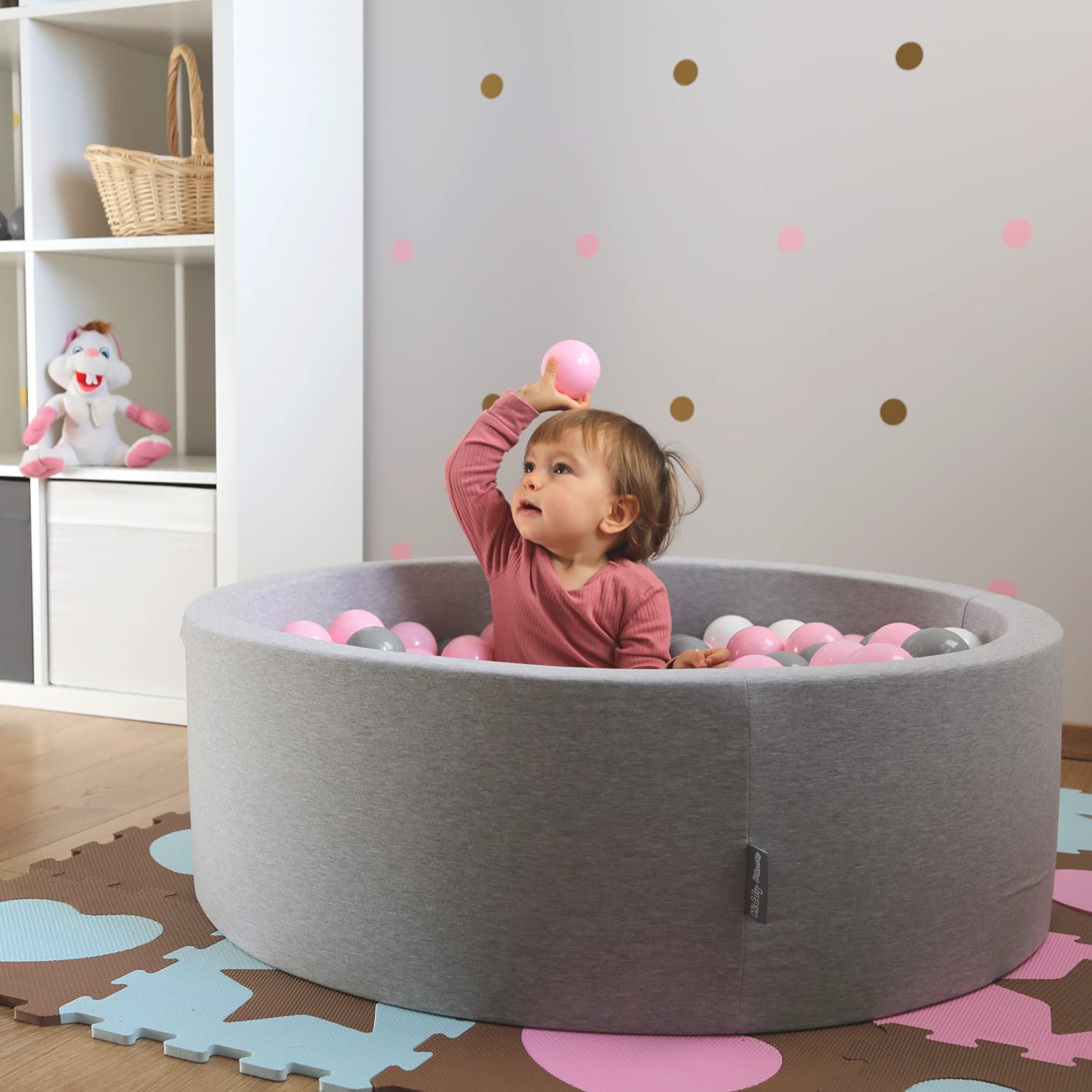 KiddyMoon Bällebad 90X30cm/200 Bälle ∅ 7Cm Bällepool Mit Bunten Bällen Für Babys Kinder Quadrat, Hellgrau:Perle/Puderrosa/Silbern