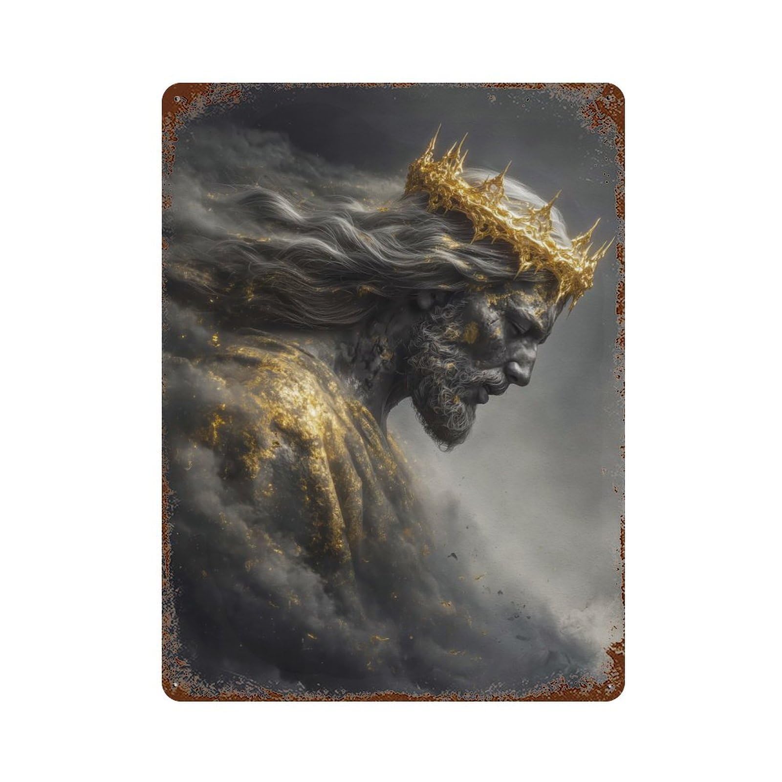 Golden Crowned Jesus Bowing Down Rusty Metal Tin Sign 15.7"x11.8", for Shed, Workshop And Garage Wall Decor, Shabby Chic Decor