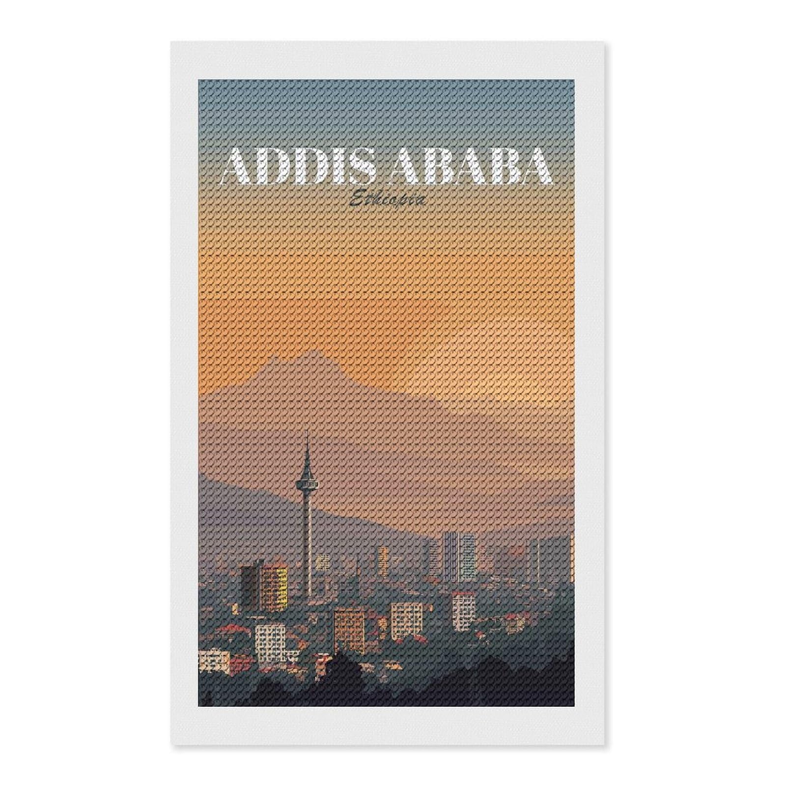 Junmoney Addis Ababa, Ethiopia Cityscape Art Full Drill Diamond Painting Kit 12"x20", for Teens, Adhesive Canvas, Bedroom Decor, Holiday Gift Idea