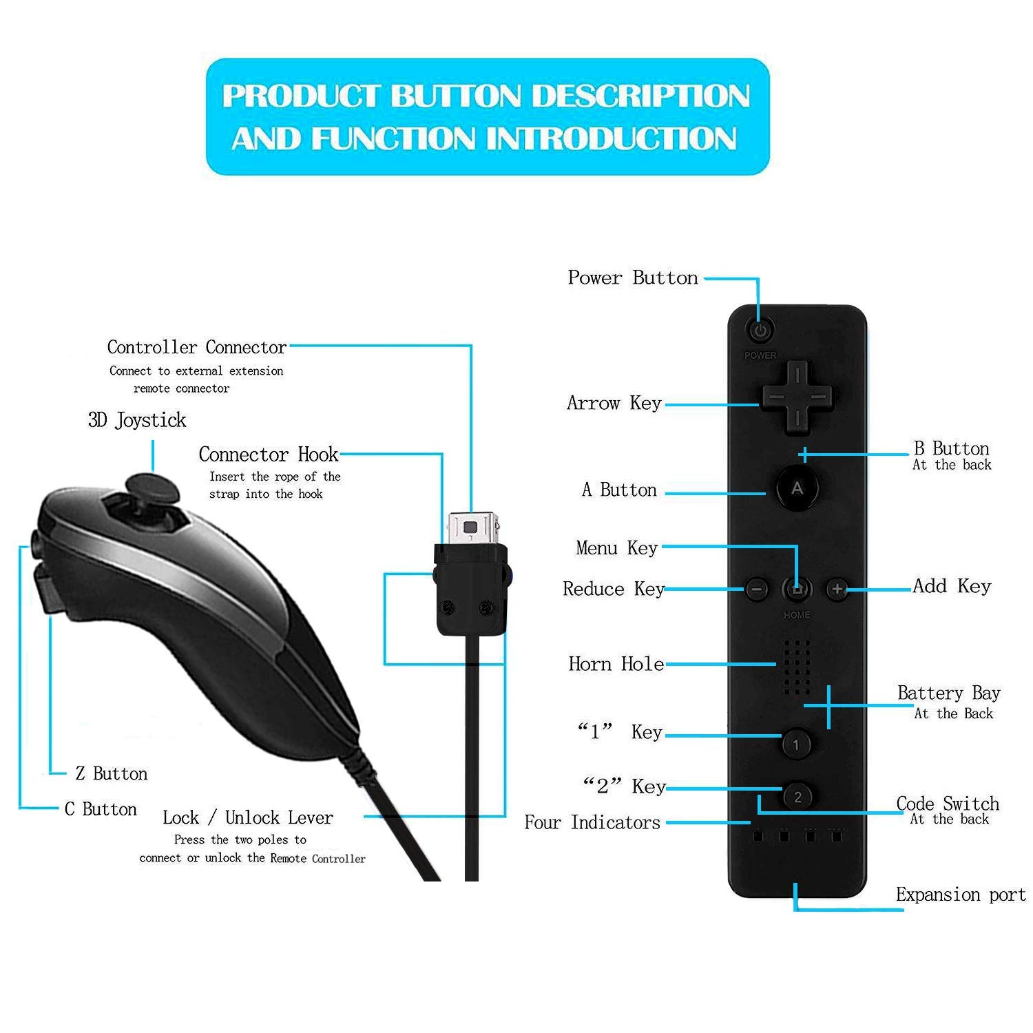 VTone 2 paquetes de controlador de gestos y palanca de mando Nunchuck con funda de silicona y correa de muñeca compatible para Wii/wii u Console (negro y blanco)