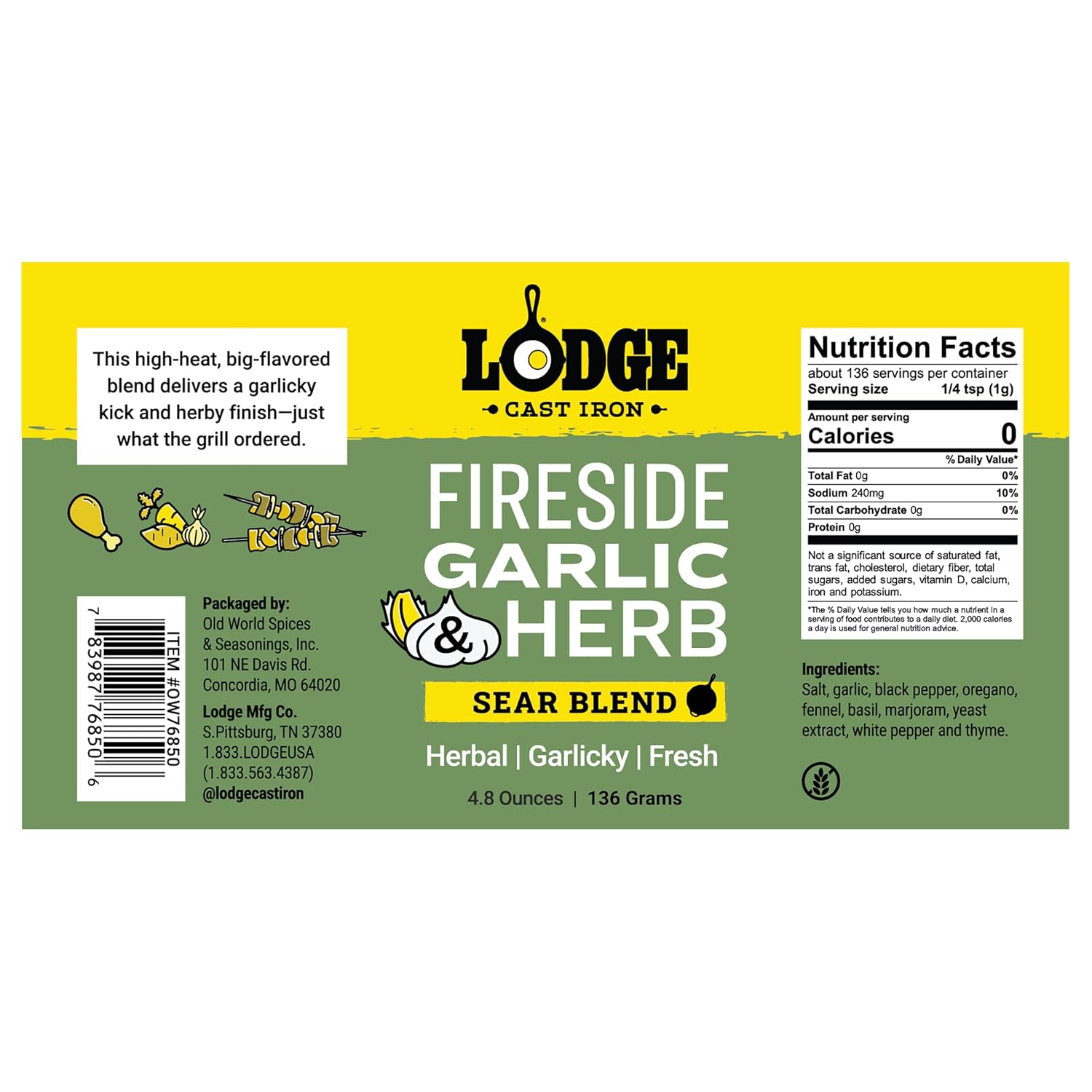 Lodge Sear Blend - Made for Cast Iron Cooking - Use Over the Grill, On the Stove, or Even in the Oven, Non-GMO – 4.8oz (4 Pack) - Fireside Garlic & Herb