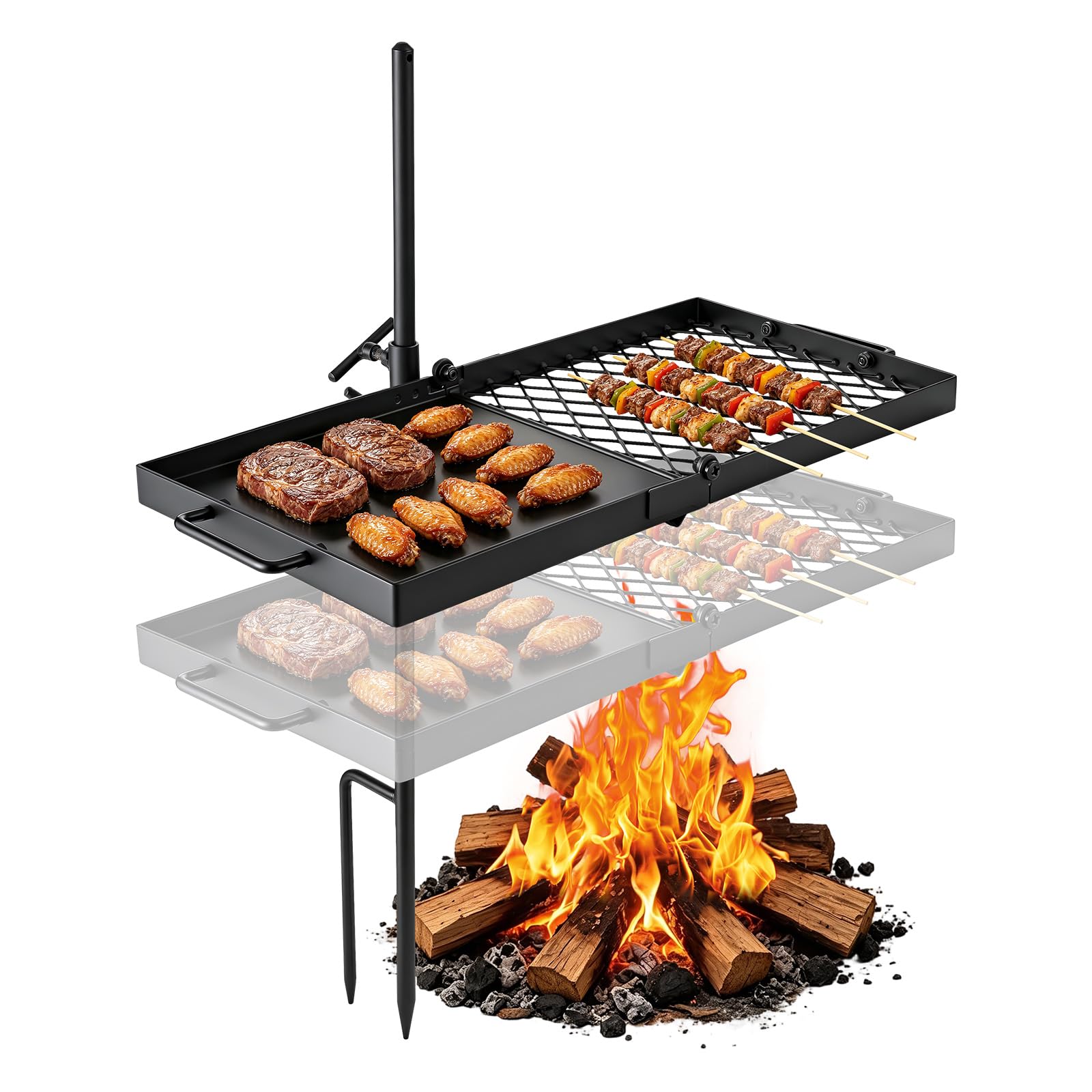 VEVOR Grill kempingowy, grill kempingowy, prostokątny obrotowy grill o wymiarach 607 x 300 mm, regulacja wysokości, gotowanie na wolnym powietrzu, otwarty płomień, powłoka temperaturowa 600 ℃, kemping
