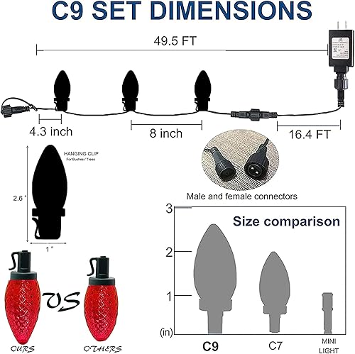 Miniatura 2 de Dazzle Bright Luces de Navidad C9 blancas para exteriores, 50 luces LED de 33 pies, impermeables, de alambre verde, luces de hadas para interiores y