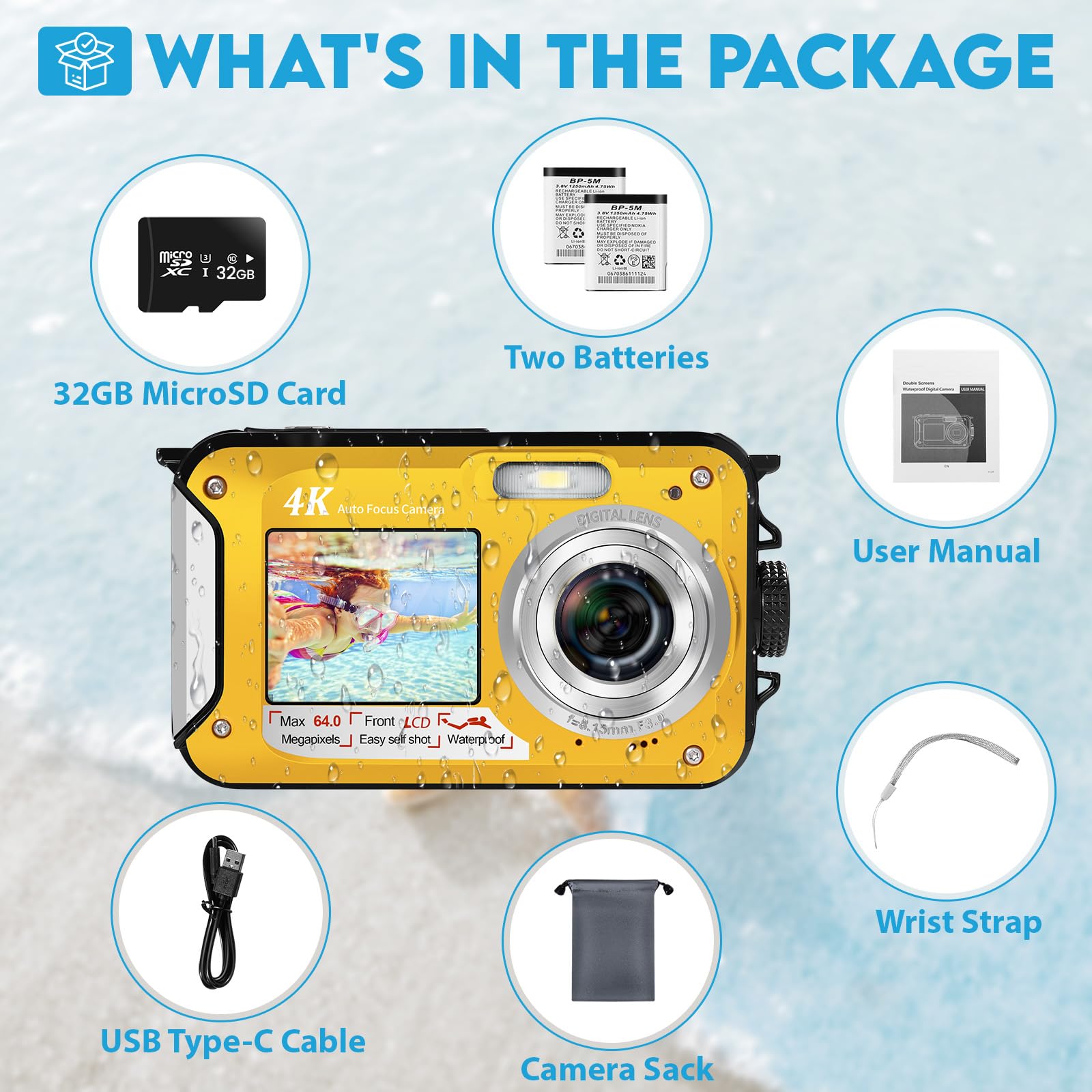 64MP Unterwasserkamera mit 32GB Speicherkarte, 4K unterwasser kamera mit Autofokus & Dual-Selfie-Bildschirmen, 5 Meter kamera wasserdicht, digitalkamera wasserdichte für Kinder & Schnorcheln (2 Akkus)