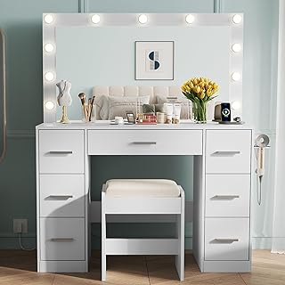 WLIVE White Vanity Desk with Large Mirror and Lights, Makeup Table w/7 D...