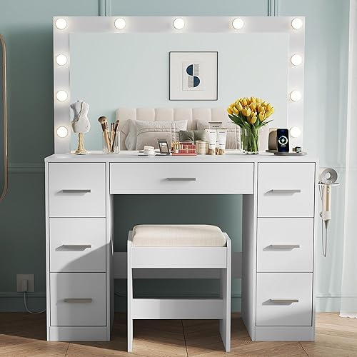 WLIVE Vanity Desk with Mirror and Lights & Power Outlet, Makeup Vanity Desk with 7 Drawers and Chair, Vanity Table for Bedroom Dressing Room (White)