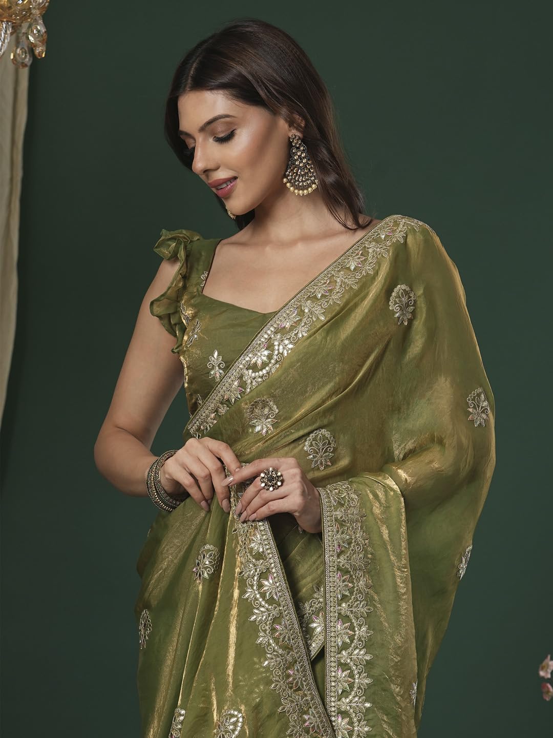SAREE MALL Women's Bronze Satin Silk Embroidered Saree With Unstitched Blouse (KRIYNS4001_KH) 4