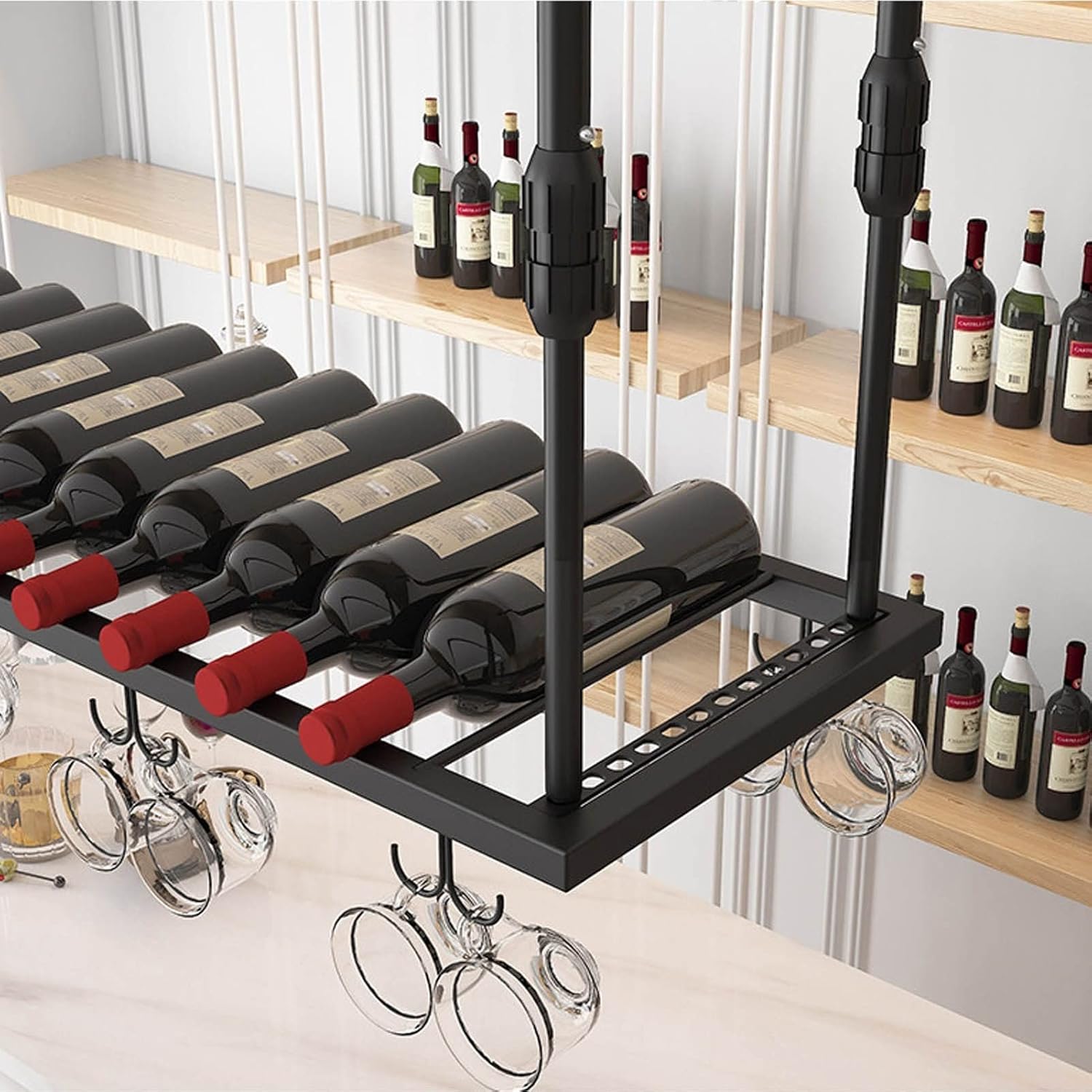 Ceiling Wine Glass RackAdjustable Hanging Holder for Stemware & Wine Bottles Metal Shelf Storage Black Finish SpaceSaving Design for Home & Bar