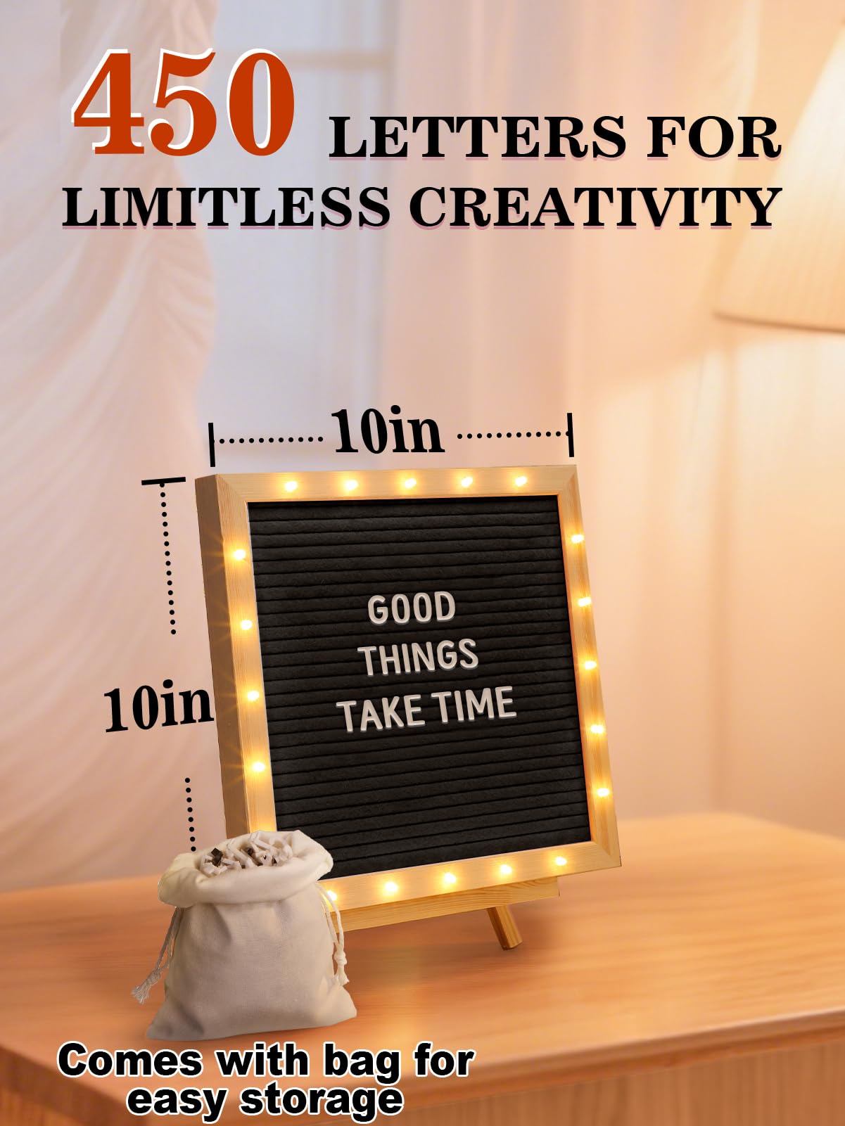 Changeable Felt Letter Board with LED Lights - 10 10 Message Custom Signs Wood Stand 450 Letters Poster — view 3