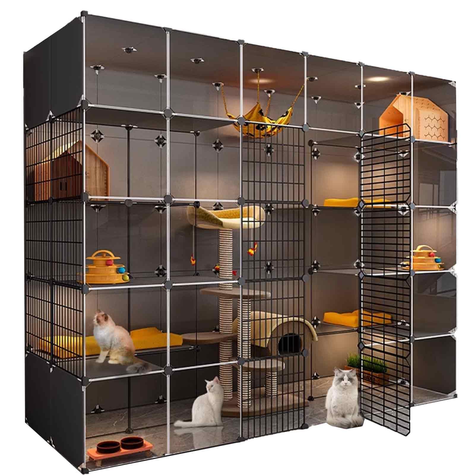 Cage pour chat d'intérieur XL, XXL – Plateforme lestée double couche, design transparent, facile à assembler avec meuble de litière