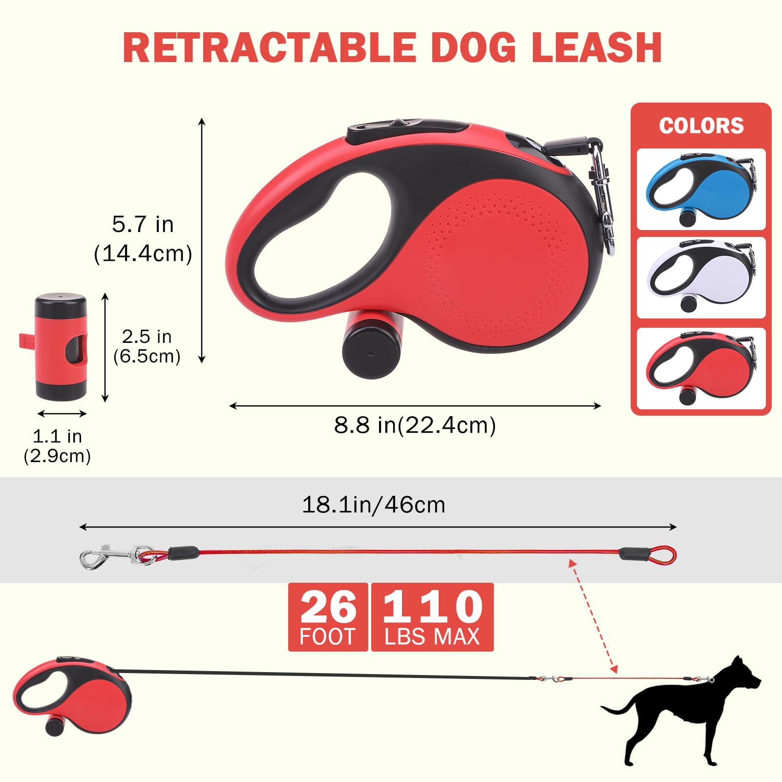 SCENEREAL Correa retráctil para perros pequeños, medianos y grandes de hasta 110 libras, cinta de nailon sin enredos de 26 pies, 360° con cuerda de alambre antimasticación y dispensador de bolsas de