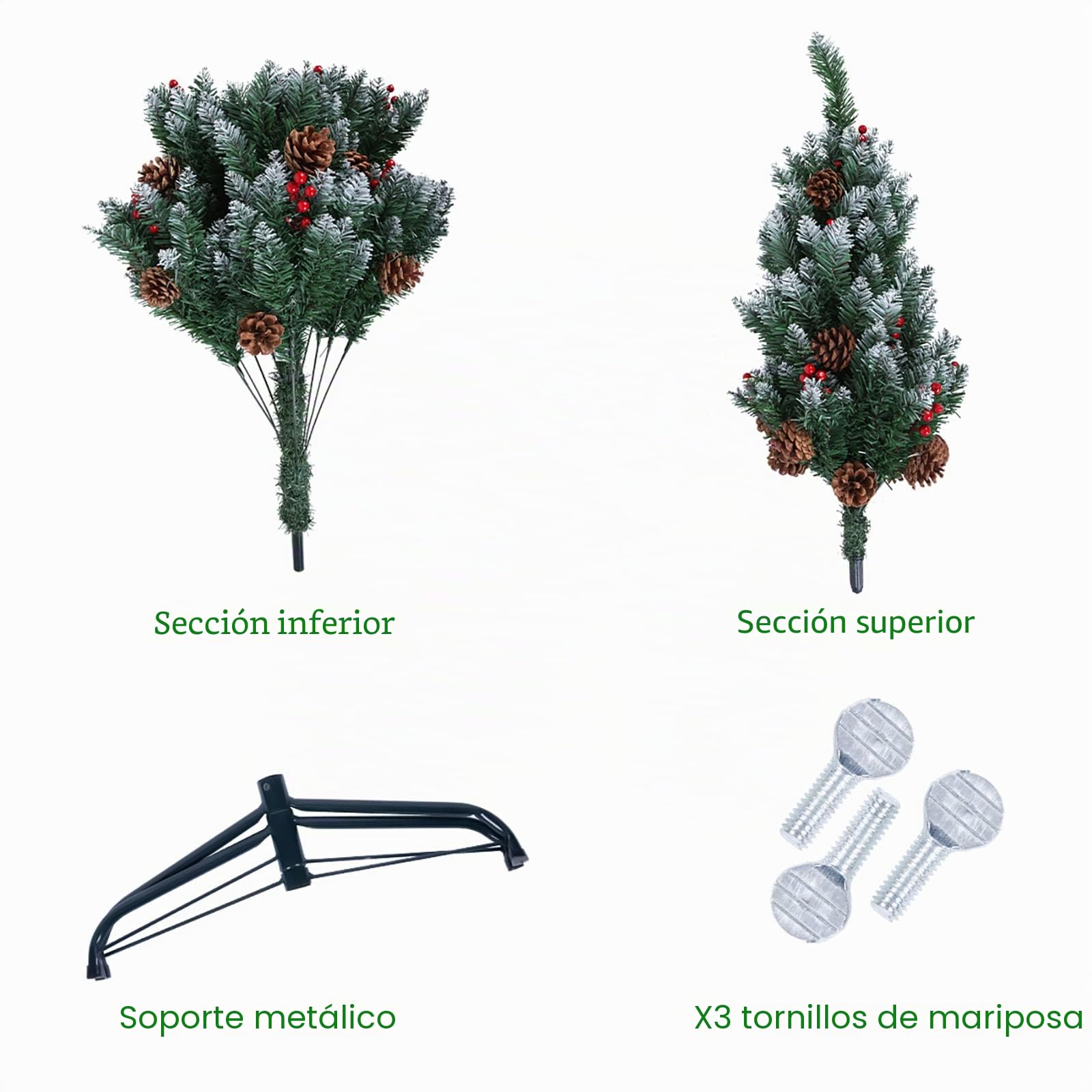 himaly Árbol de Navidad Pino Artificial 150cm PVC, 450 Puntas, Nieve Blanca Natural, Conos de Pino Real, Frutos Rojos, Soporte de Metal, Alambre de Cobre de 1.5M con lámpara 240