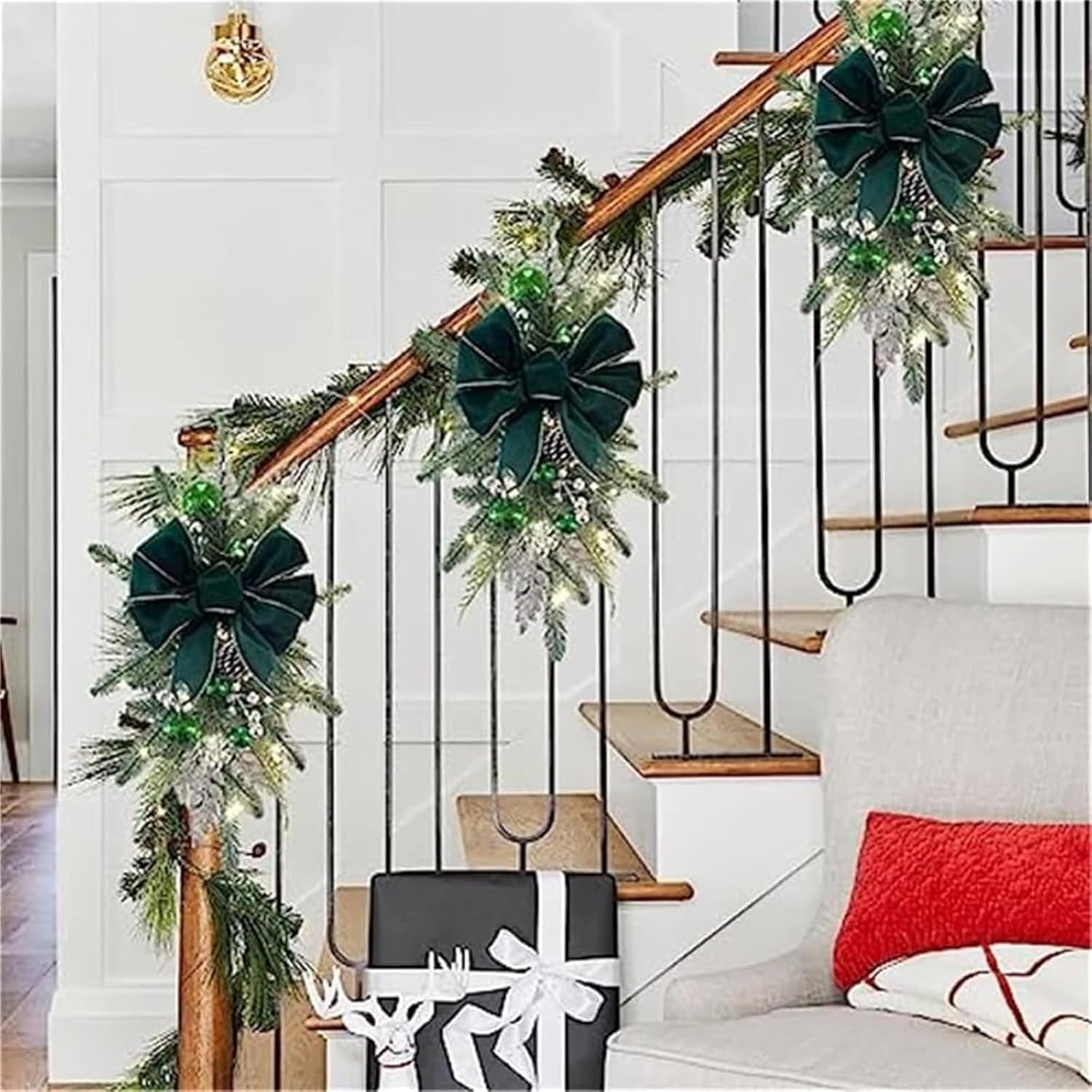 Artificial Christmas Teardrop Swags Prelit Stairs, Staircase Simulation Decoration Hanging Pendant Garland Lights LED Wreath (Green,23.6x11.8 IN)