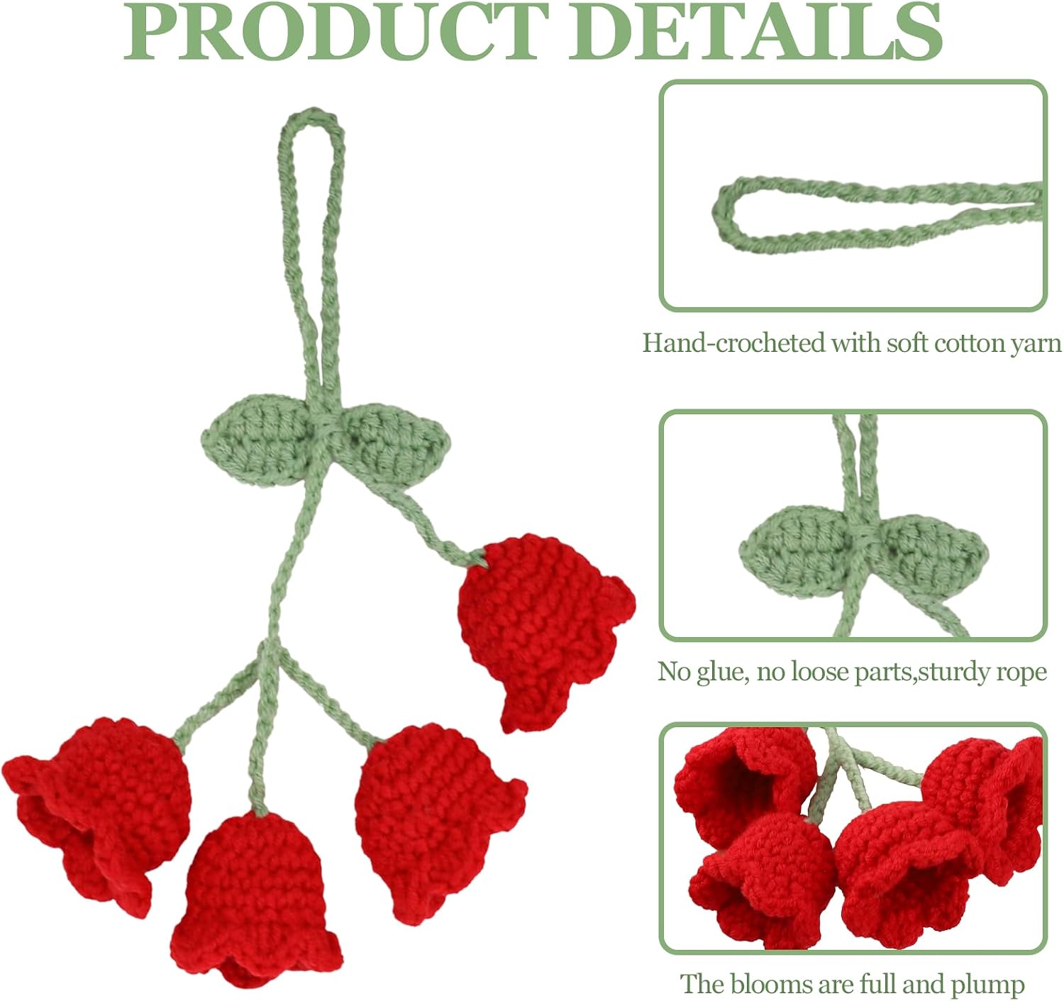 Crochet Lily of The Valley Mirror Hanging Ornament for Cars, Cute Hand Knitted Flower Rear View Mirror Car Charm, Hanging Pendant Decor Car Accessories for Women (Red) image 3