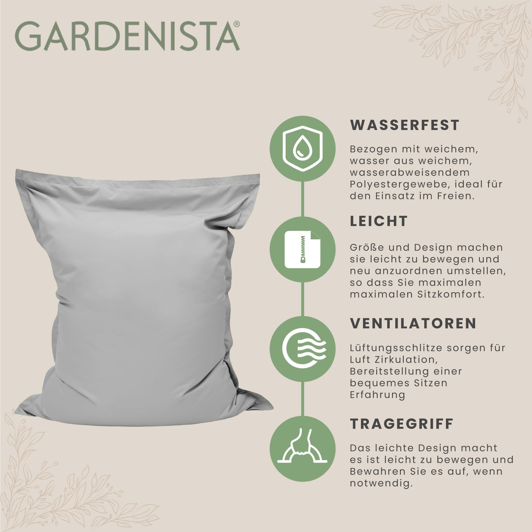Gardenista Riesen-Sitzsack XXL 125×160 cm Wasserfestes Indoor & Outdoor Liegekissen 380L EPS Perlen Füllung Bean Bag mit waschbarem Bezug Sessel für Kinder & Erwachsene Sitzkissen Sofa Beanbag (Grau)