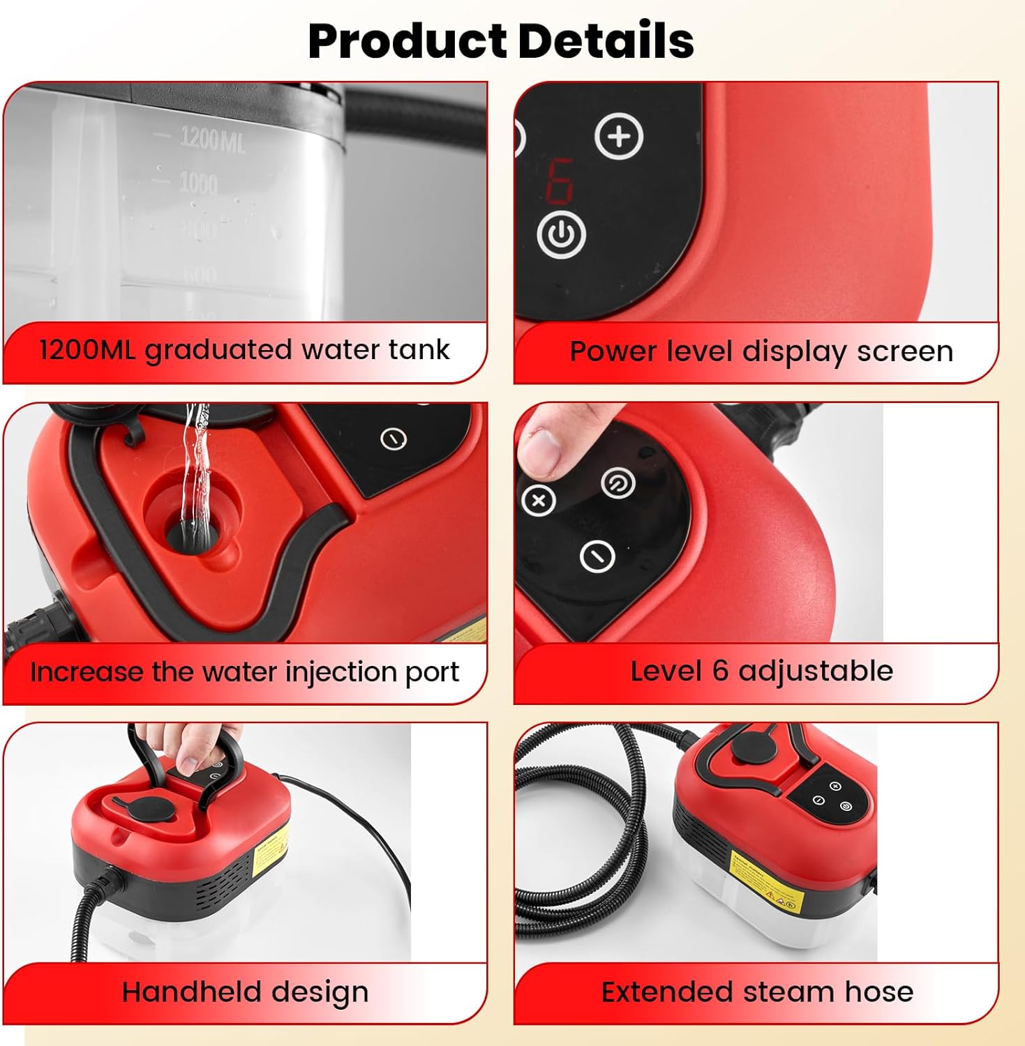 Saker Handheld Steam Cleaner for Home,6-Level Adjustable Steamer for Cleaning,Portable Steam Cleaner,Portable Steamer for Cleaning with 1200ML Water Tank,Suitable for Kitchen,Bathroom,Living Room