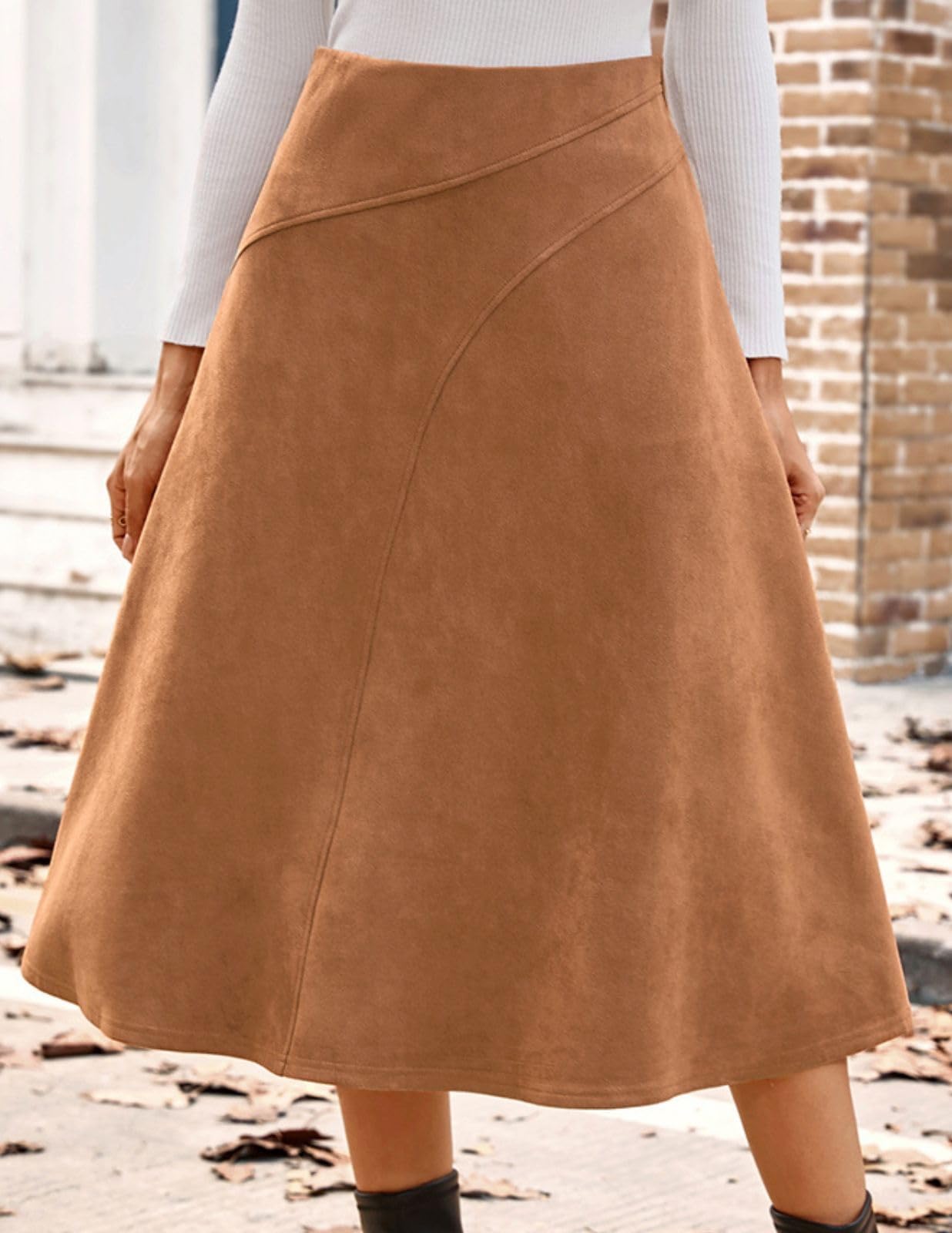 Kate Kasin Jupe Midi en Daim Synthétique pour Femme Taille Haute Élégante Coupe A