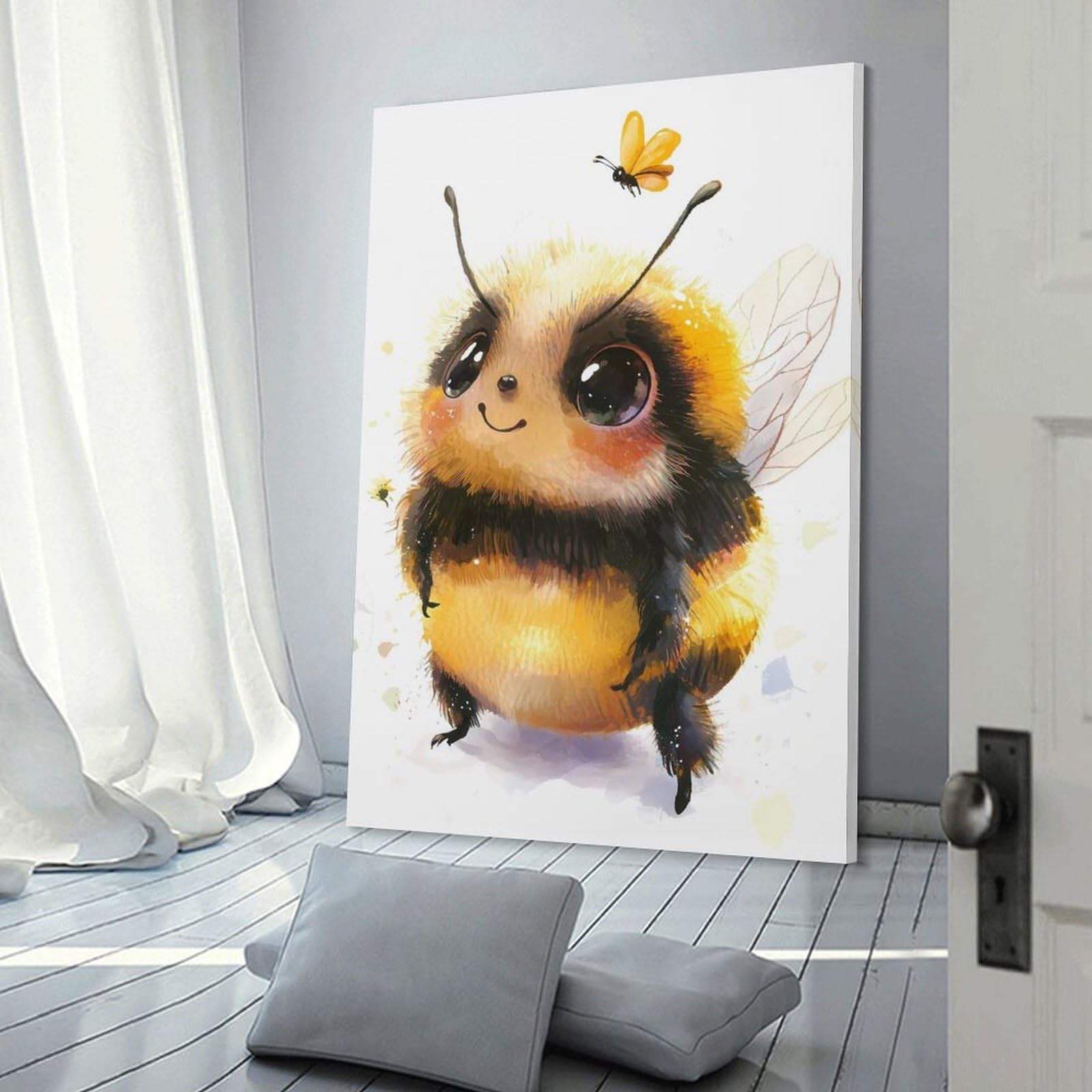 Junmoney Frame-Style-21 Decorative Wall Artwork Cute Bee Watercolor, 24X36inch(60X90cm), For New Homes, Bedrooms Or Workspaces, Canvas Artwork With Gifting Potential