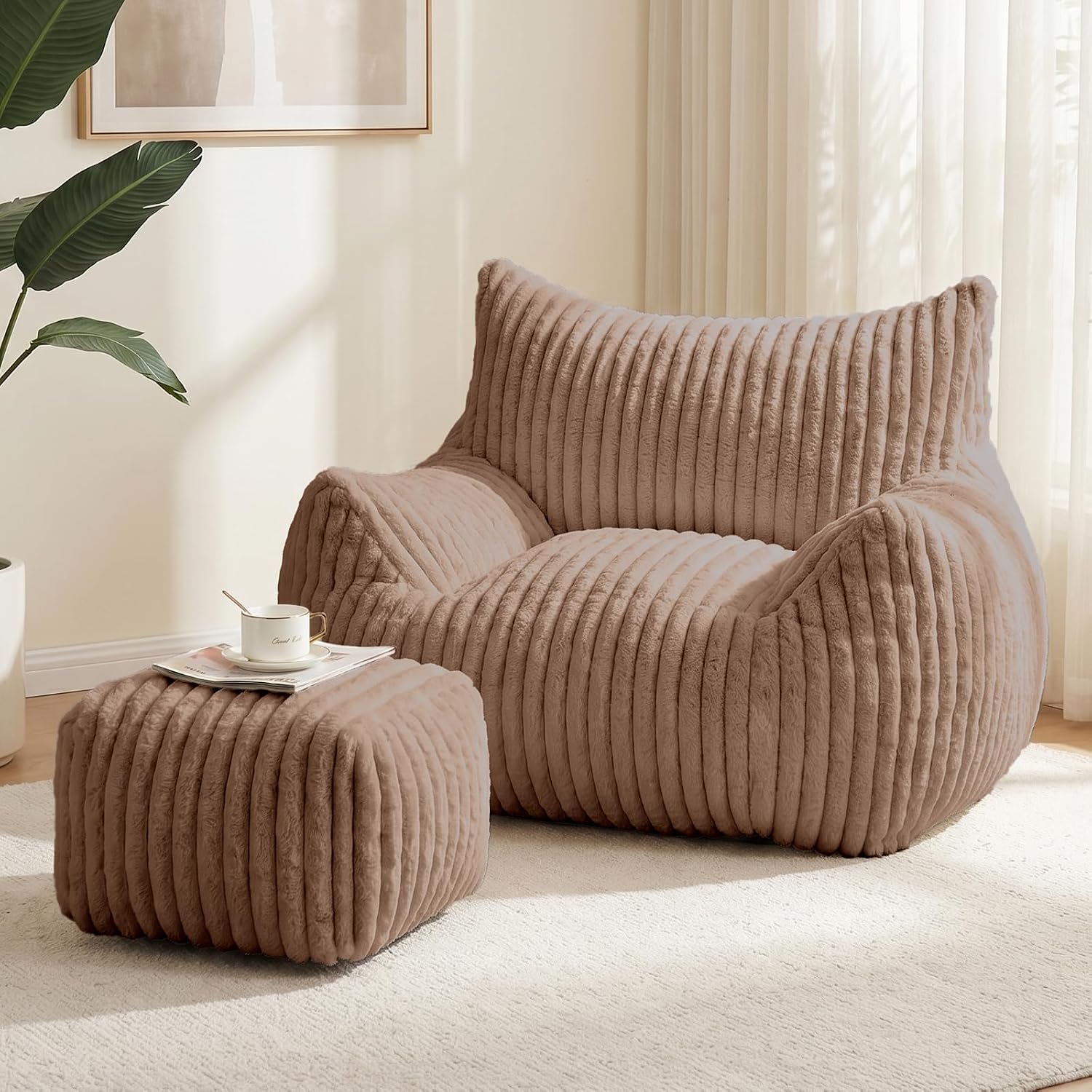 WSOFRLAC Giant Bean Bag Chairs for Adults & Kids with Footrest, Taupe