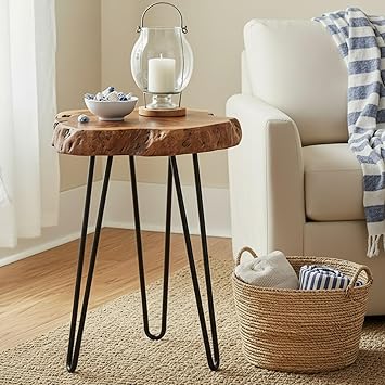 WELLAND Rustic Date Tree End Table Live Edge Side Table 18" W x 15" D x 21" H Accent Table Plant Stand for Living Room Bedroo