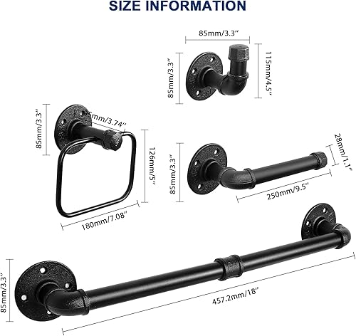 Miniatura 8 de NearMoon Juego de 4 piezas de accesorios de baño de tubería industrial, incluye toallero de 18 pulgadas, toallero, soporte de papel higiénico y
