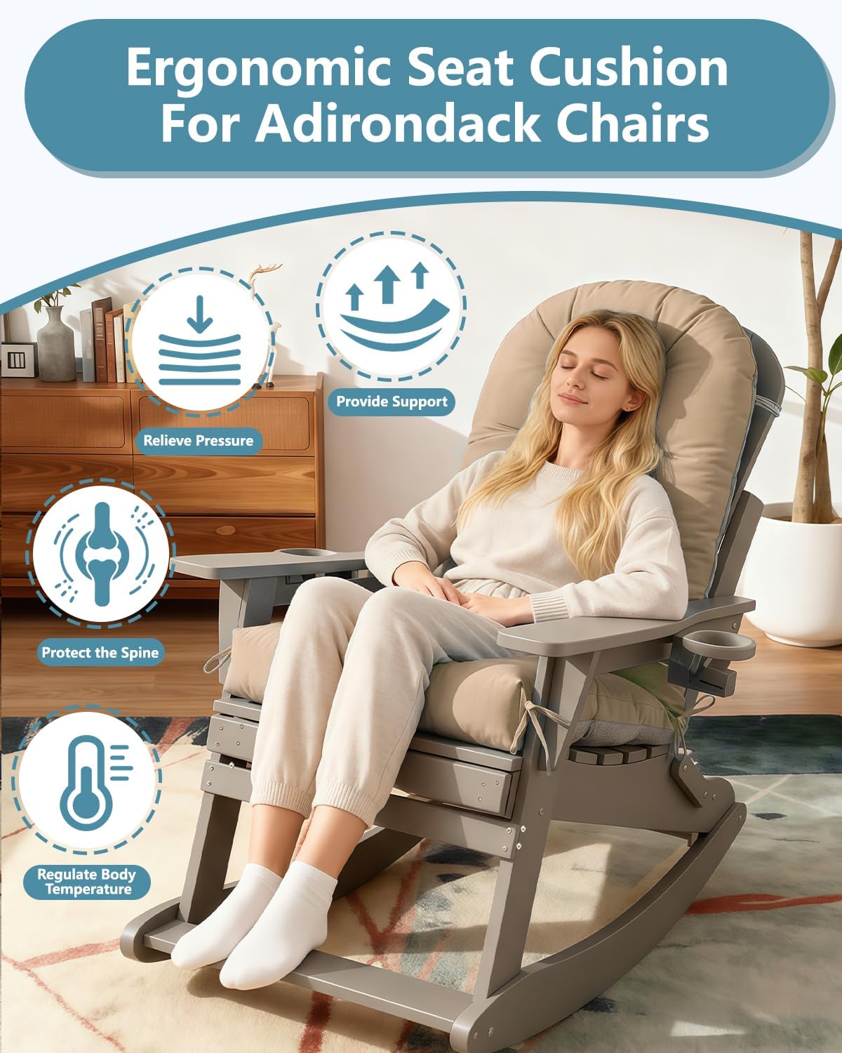 NAVINE Adirondack Chair Cushion Set of 4, Thickened Patio Chair Cushions with Ties, Waterproof and UV-Protected Rocking Chair Cushion for Indoor and Outdoor, Khaki.
