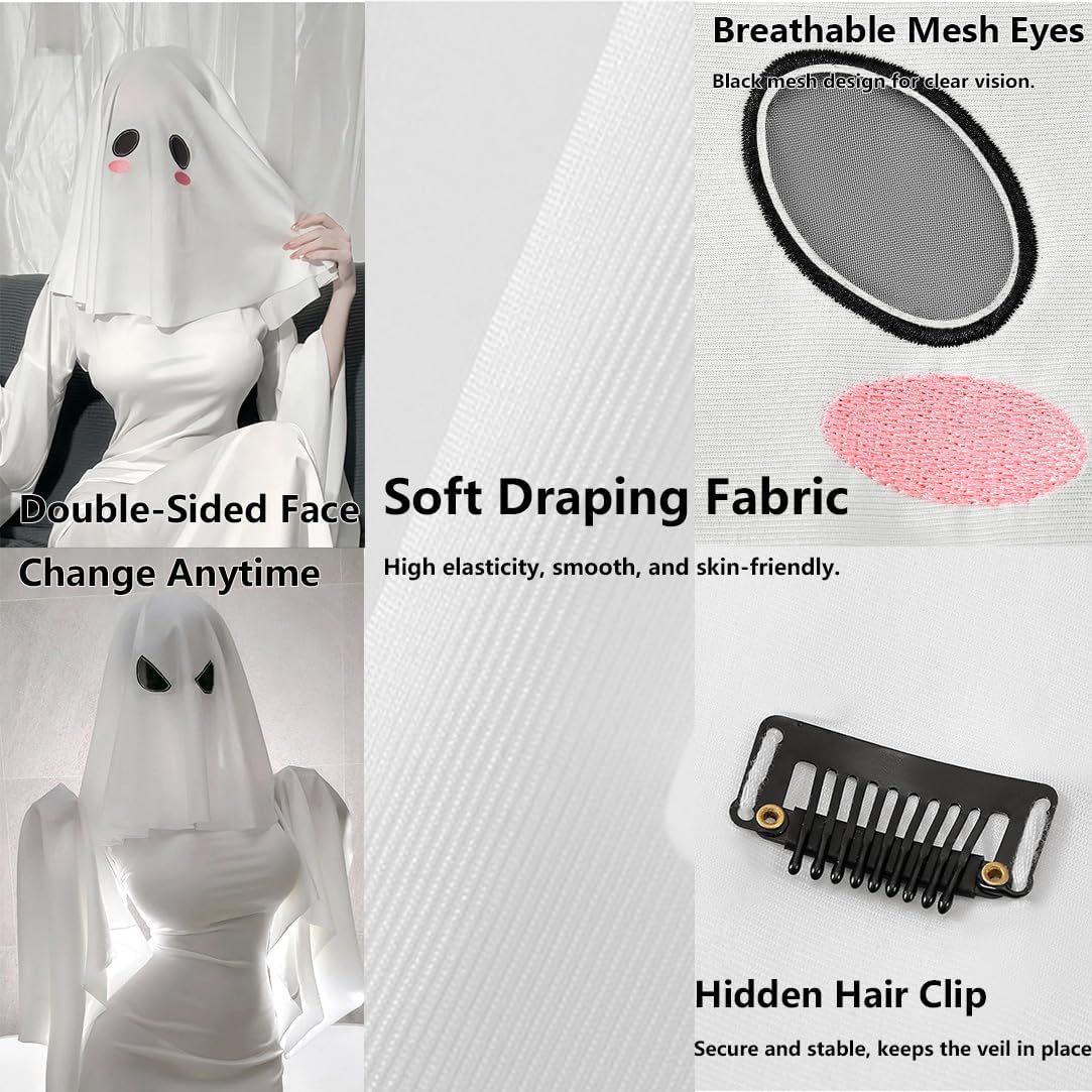 White Ghost Mask for Women, Double-Sided Halloween Veil Head Cover with Mesh Eyes, Scary Ghost Costume Hood for Party, Cosplay, and Haunted House Dress-Up