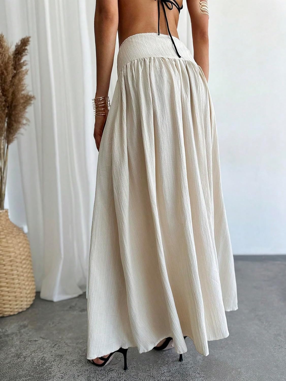 QJQ Women's Fall Boho Flowy Flared Ruffle Maxi Skirt High Waisted Long Flowy Pleated Skirts with Pocket - Image 4