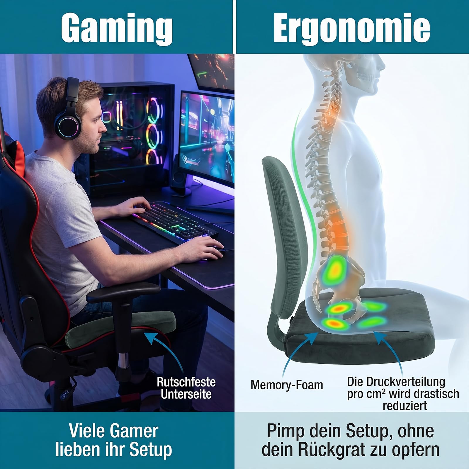 Ergonomisches Sitzkissen für Gaming-Stuhl & Bürostuhl, Steißbein Entlastung & Orthopädischer Komfort, für Bürostuhl E-Sport & Studium Druckentlastend & Atmungsaktiv Unterlage für langes Sitzen