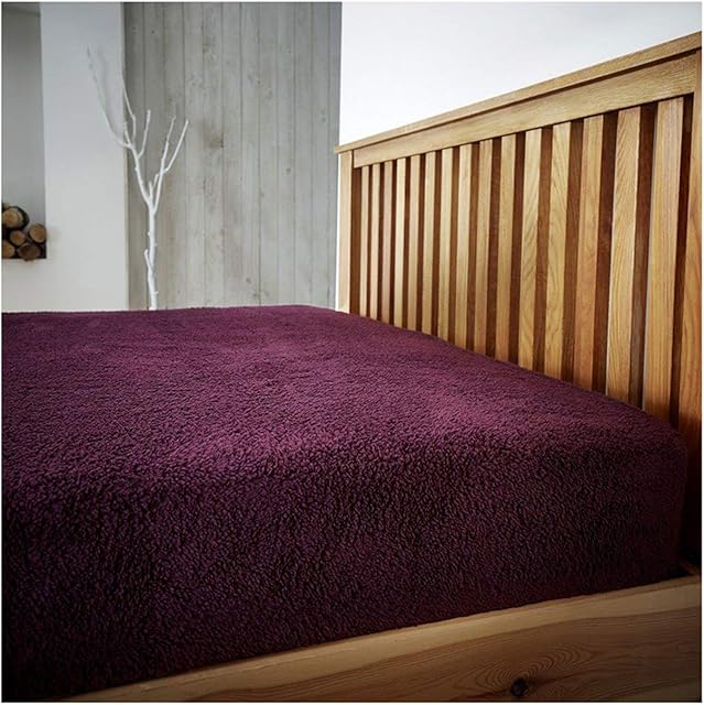 Lions Teddy Fleece Single Fitted Sheet - Thermal Warm Winter Bedding, Sherpa Extra Deep Fitted Bed Sheets, 100% Polyester, Bedroom Accessories, 91 x 193 cm, Aubergine