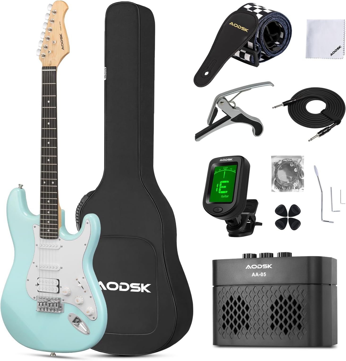 Electric Guitar with Amp Beginner Kit 39 Inch Solid Body Full Size,All Accessories,Digital Tuner,Six Strings,Four Picks,Tremolo Bar,Strap,Gig Bag,Starter kit (Blue-HSS)