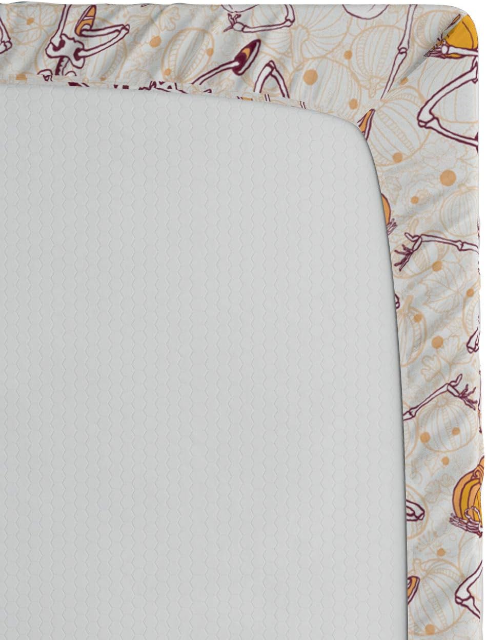 Ambesonne Skeleton Fitted Sheet, Halloween Themed Dancing and Playing Music with Pumpkins, Bed Cover with All-Round Elastic Deep Pocket for Comfort, King Size, Rose Orange