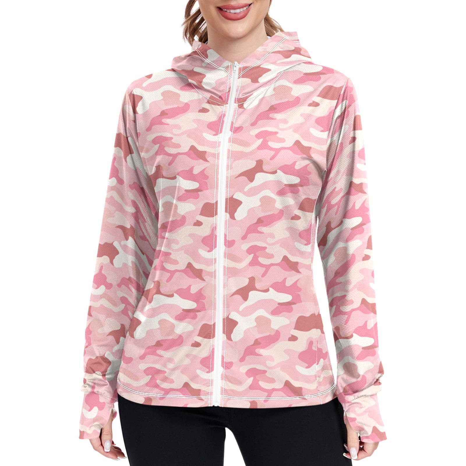 Women Sun Protection Hoodie Jacket Rose Pink Lightweight Womens Zip Up Jackets UPF 50+ Camouflage