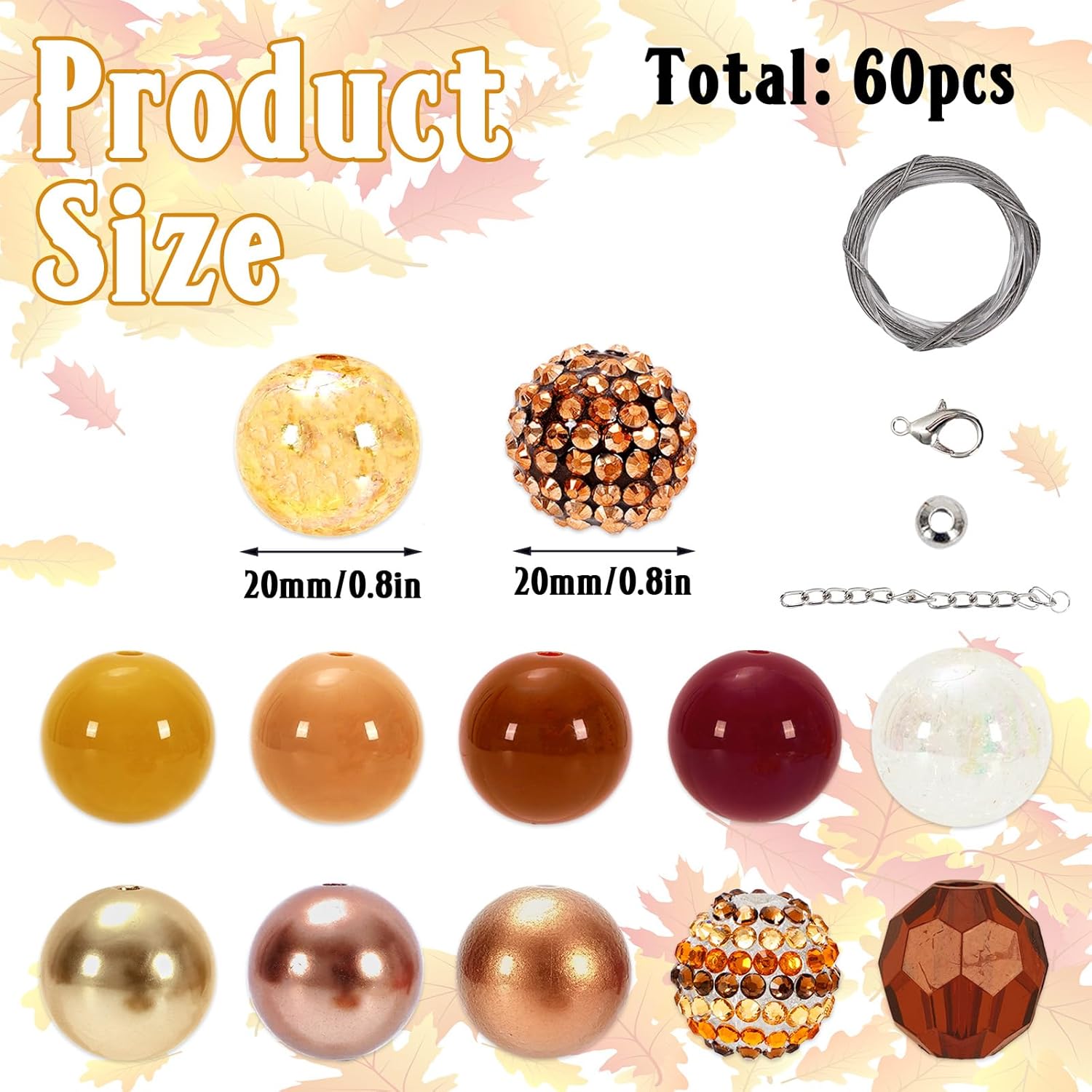 Whaline 60Pcs Thanksgiving Bubblegum Beads 20mm Mixed Fall Chunky Acrylic Beads Autumn Color Spacer Beads Set Fall Harvest Gumball Loose Beads Bulk for DIY Jewelry Bracelet Necklace Crafts Making - Image 2