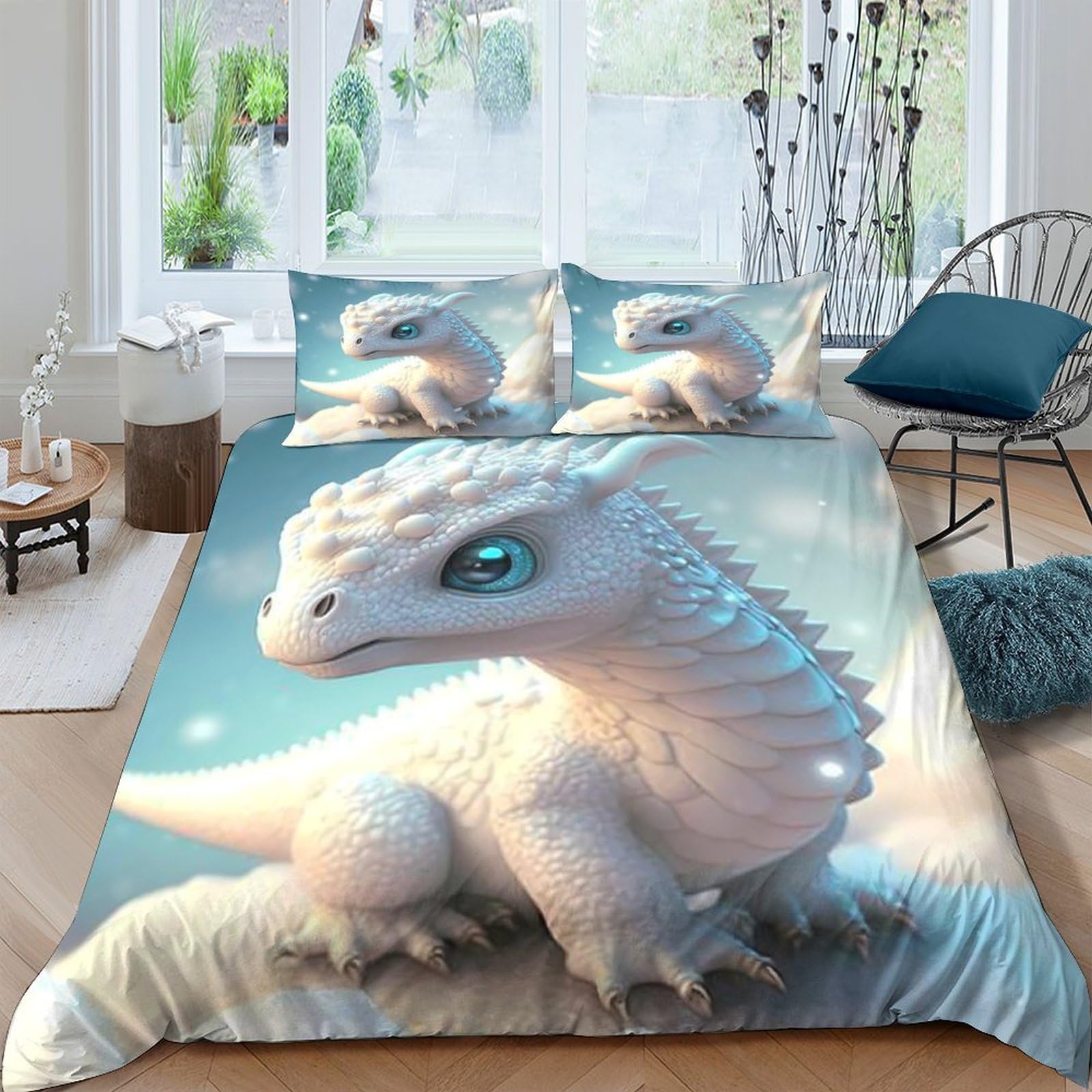 Ctjqhvkz Style-10 3D Printed White Dragon Fitted Sheet Microfiber Soft Blue Fantasy Creature Bed Cover For Bedroom Dorm Mattress Decor Single（135X200cm）