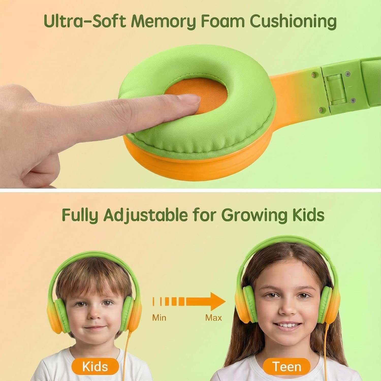 Wired Kids Headphones with USB C Plug, 85dB Safe Volume, Adjustable Headband, Tangle-Free Cord Headphones for School, Tablet, Travel (Lime Green & Orange, Without Microphone) - Image 5