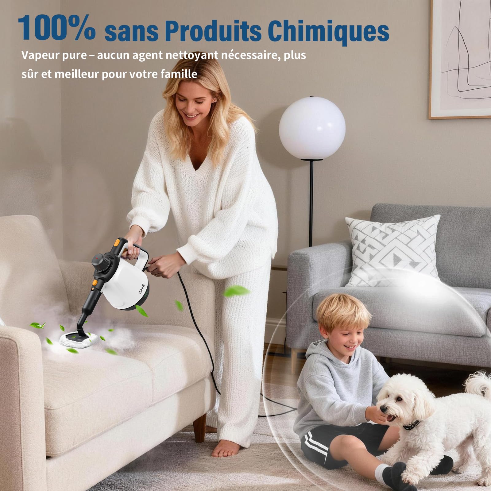 Nettoyeur Vapeur Portable, 110℃ Nettoyeur Vapeur à Main pour un Nettoyage Efficace, Polyvalent Vaporetto avec 10 Accessoires et Câble 5m pour Canapés, Tapis, Joints, Nettoyage sans chimie (Blanc)