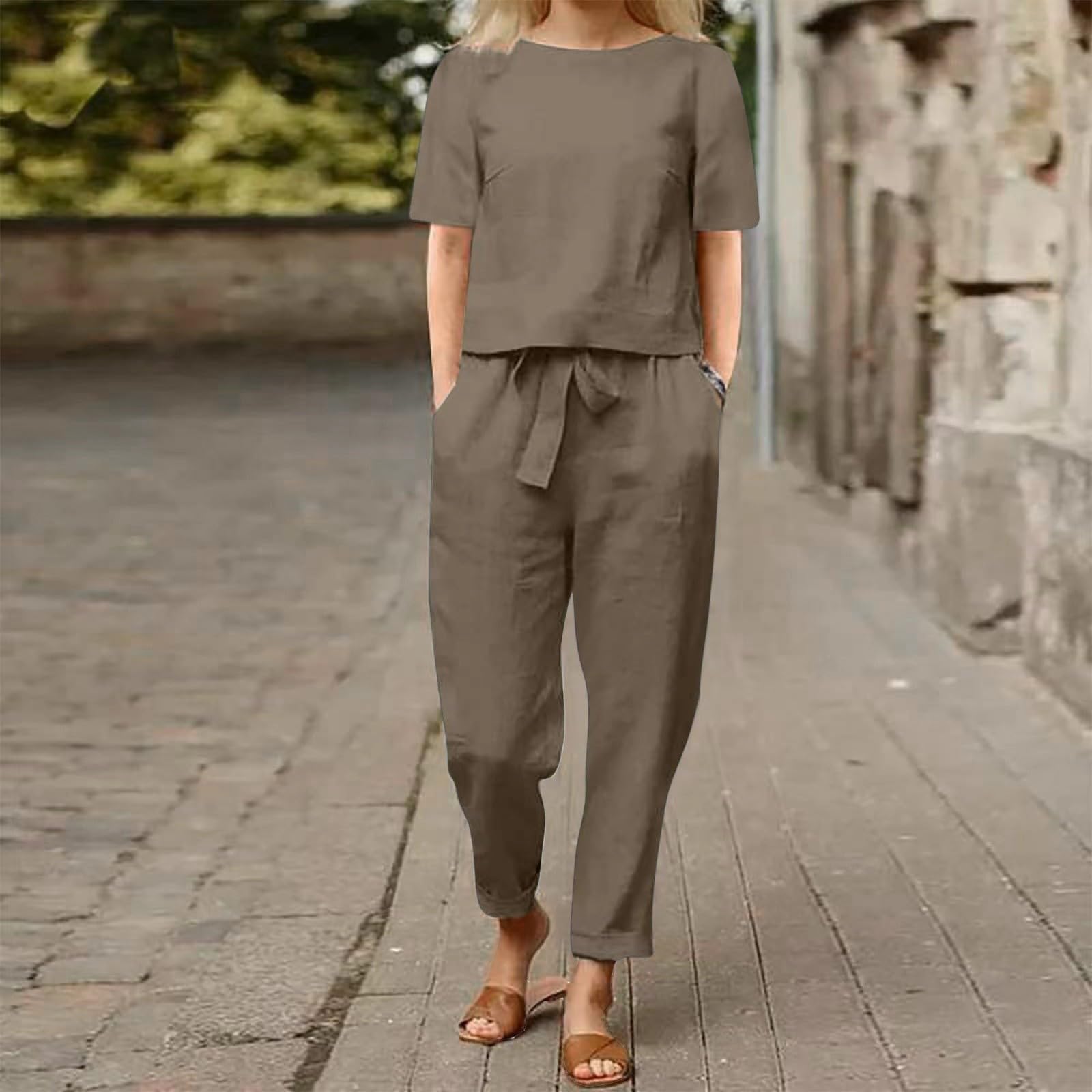 2 Piece Outfits for Women Summer Short Sleeve Round Neck Casual Shirts and Wide Leg Linen Pants with Pockets Sets B-Khaki