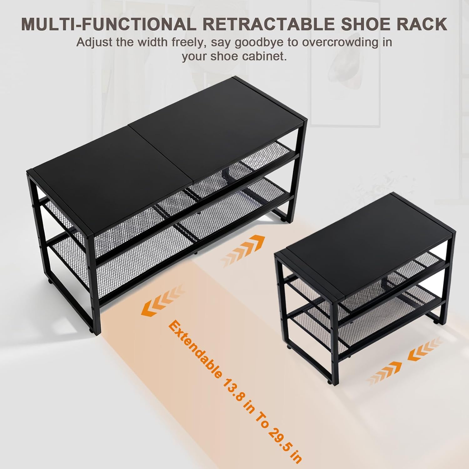 Expandable Shoe Rack,3 Tier Adjustable Metal Shoe Shelf for Closet, Sturdy Free Standing Shoe Storage for Door Entrance, Bedroom, Small Spaces, Black