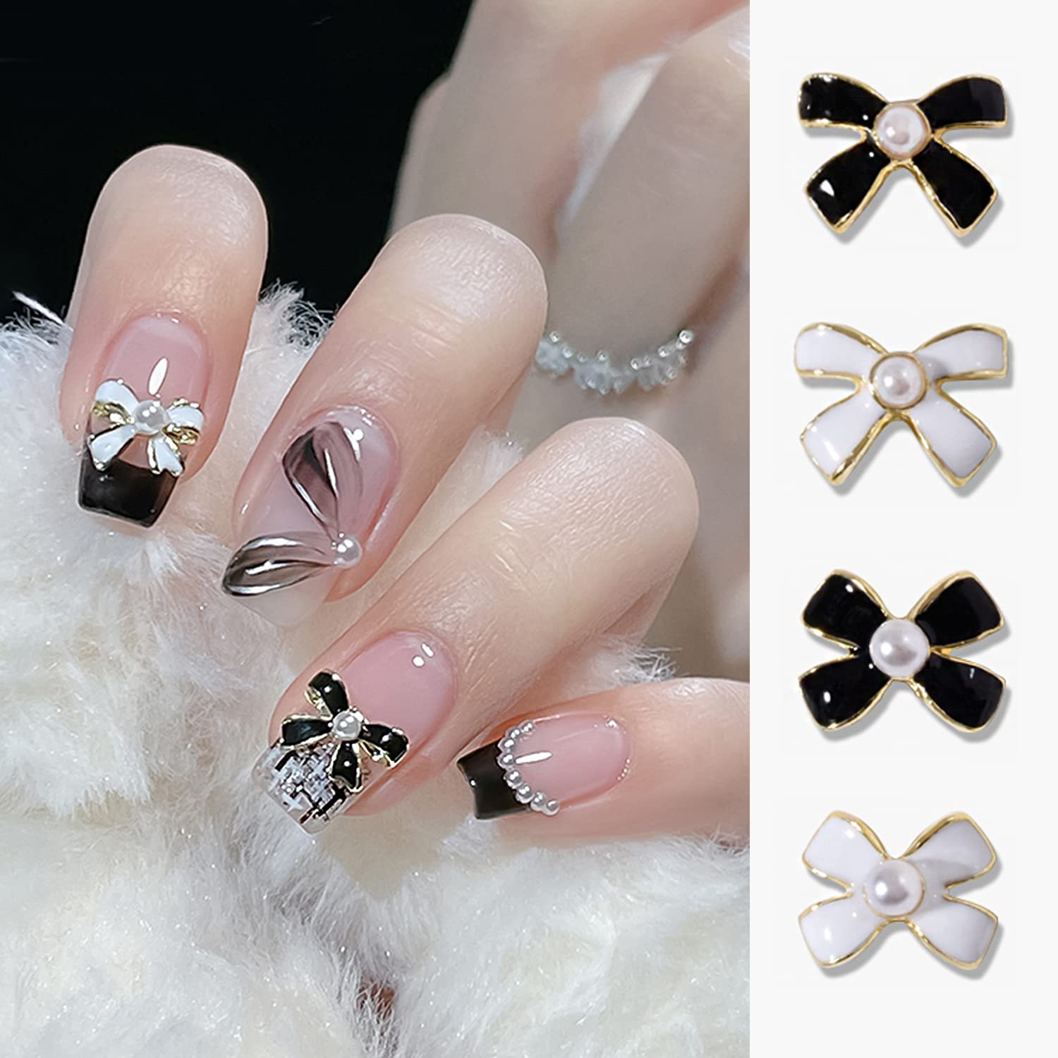 Bowknots Nail Art Charms 4 Styles Nail Charms 3D Black White Metal Nail Art Decoration, Nail Accessories for Women DIY Nail Designs Supplies (16Pcs)