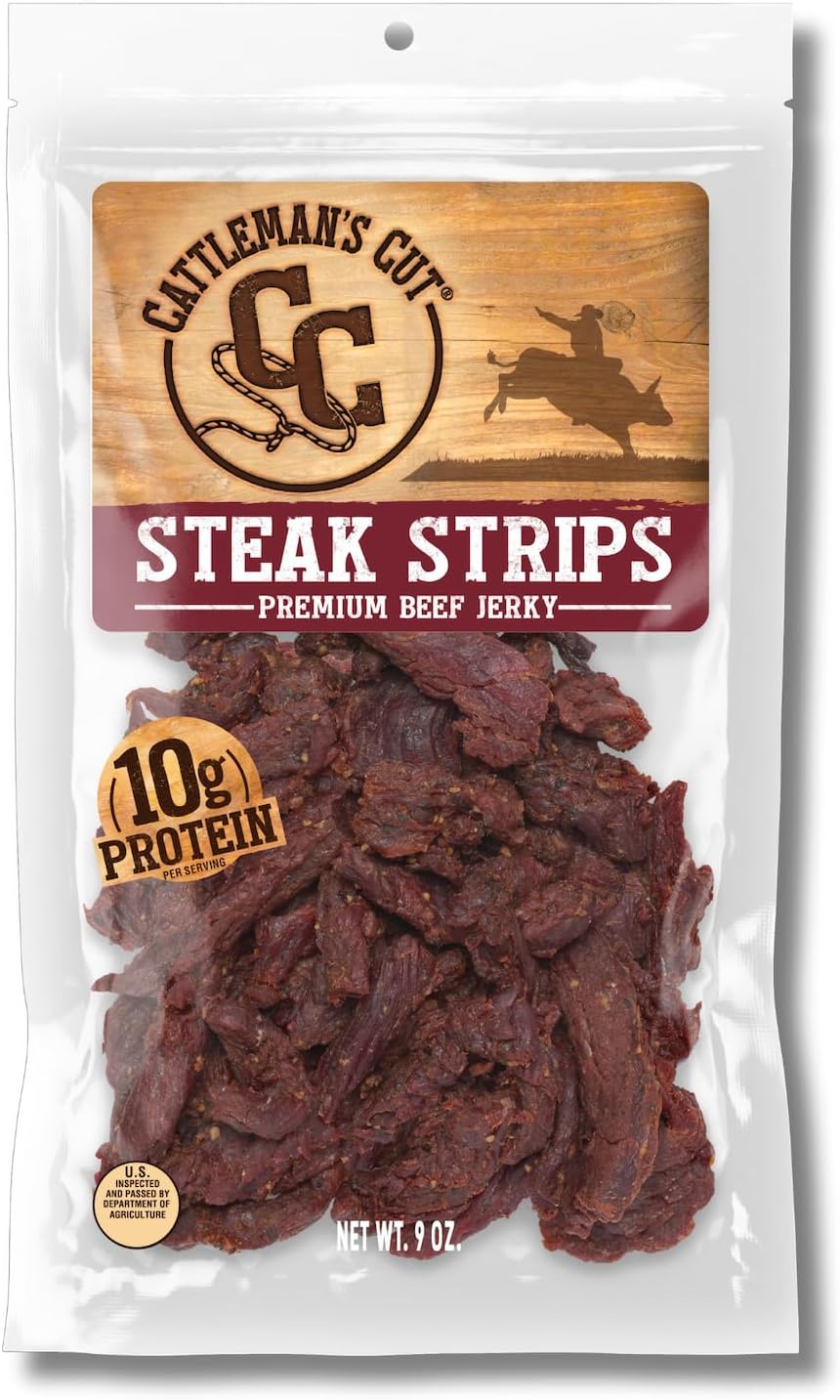 Cattleman's Cut Steak Strips Beef Jerky, Texas Style Flank Steak, Premium Marinated Steak High Protein Meat Snacks, Keto Friendly, Gluten Free, Carnivore Travel Snack, Resealable Bag, 9 Ounces