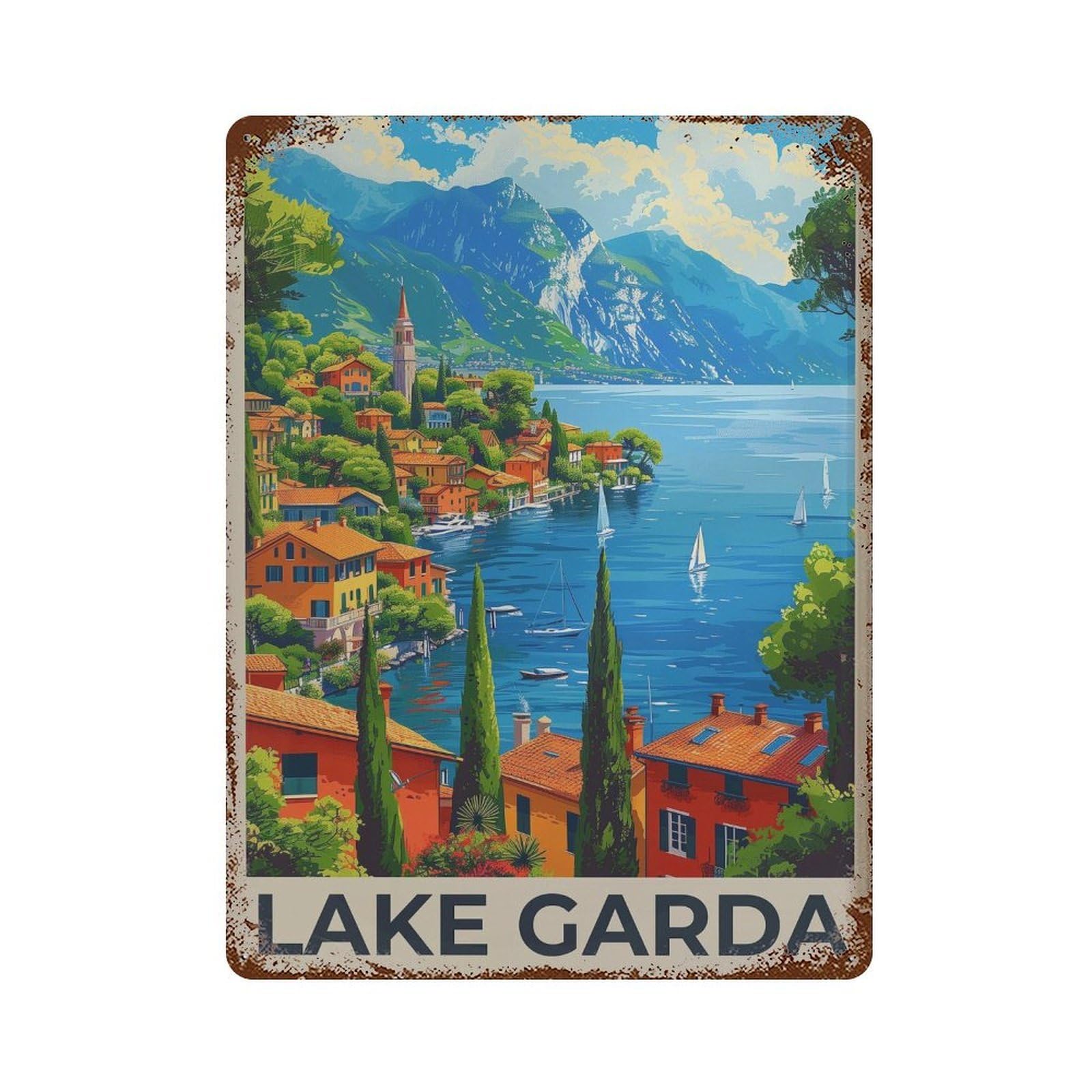 xiaoxiaoshen Lake Garda Italy Travel Illustrated Cityscape Wall Decor Art Metal Tin Poster Modern Home Decor Art Home Bar Shop Decorations Vintage Sign 40x30cm