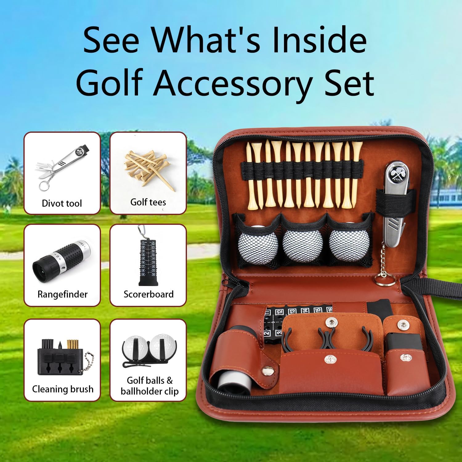 Golf Accessories Set Gifts, Golf Balls,Golf Tees, Golf Multifunctional Divot Tool, Rangefinder, Golf Brush, Golf Scorer, Golf Ball Clamp for Men and Women