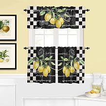Summer Tropical Lemon 3-Piece Kitchen Curtain Set, Rod Pocket Kitchen Curtain Valance and Tiers Set, Washable Drape Window Treatment Set, Black White Buffalo Plaid