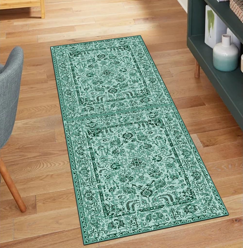 Alfombra de pasillo bohemia de 50x250 cm en verde oscuro lavable